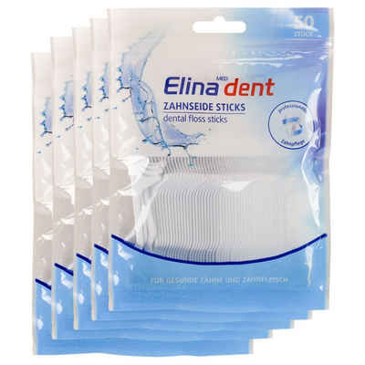 Marabellas Shop Zahnseide-Stick Elina Dent 5er Zahnseide Sticks 50-er Packung Mundpflege und Reinigung, mit Zahnstocher