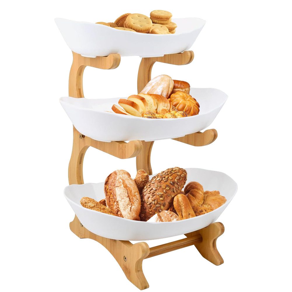 JEOBEST Obstschale Obsttablett Obstschale Obstkorb Etagere 3 Etagen, (1-tlg, Holz Steher) Rutschfestes, Leicht zu reinigendes