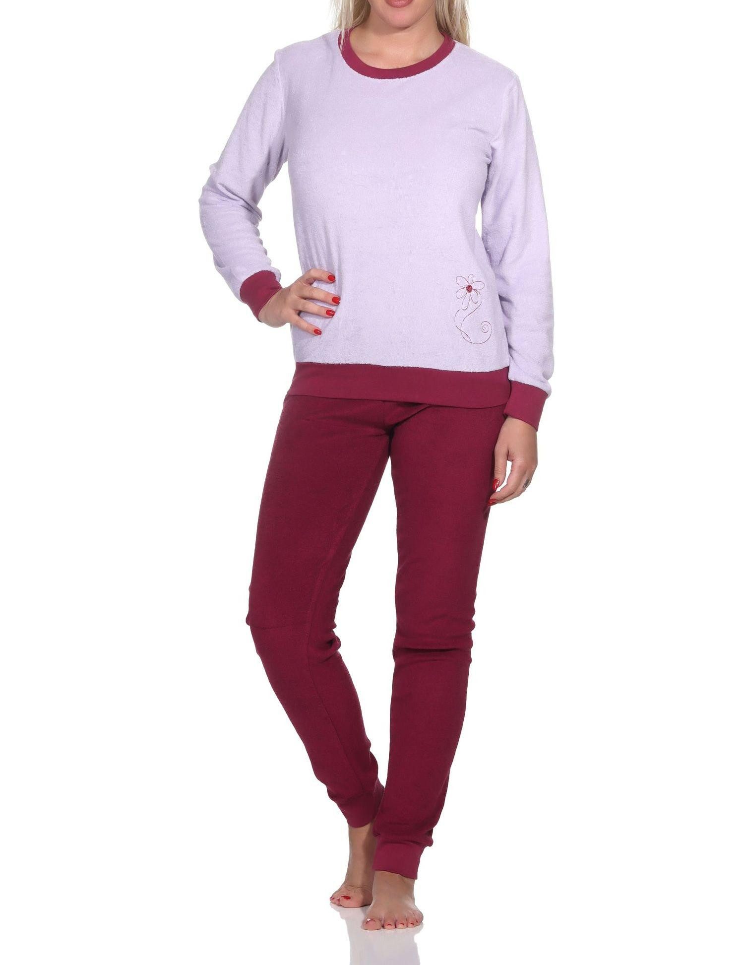 Pyjama Damen Frottee langarm Schlafanzug mit Bündchen - auch in Übergröße