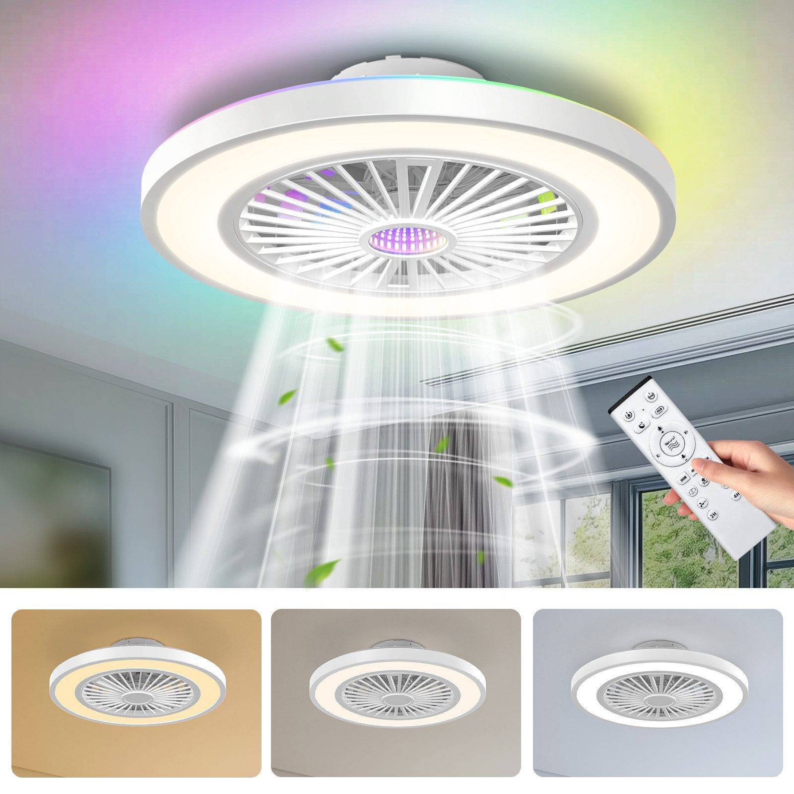 LEENON Deckenventilator 54cm Deckenventilator mit LED Deckenleuchte, Hintergrundbeleuchtung RGB, 3CCT