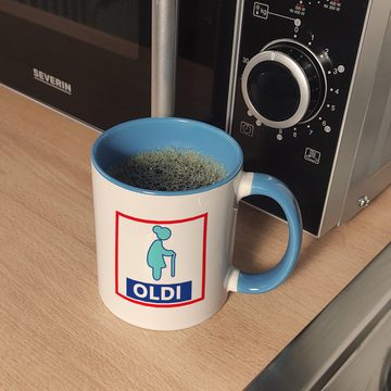 speecheese Tasse Oldi Discounter Kaffeebecher mit Innenseite und Griff in Hellblau für