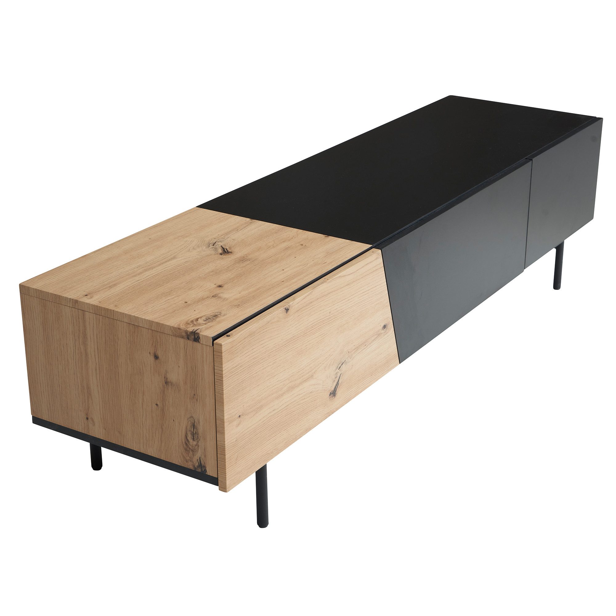 Wohnling Lowboard WL6.815 (Schwarz / Eiche-Dekor, 150x40x40 cm, zwei Türen), TV-Kommode Niedrig, TV-Schrank Modern Fernsehtisch