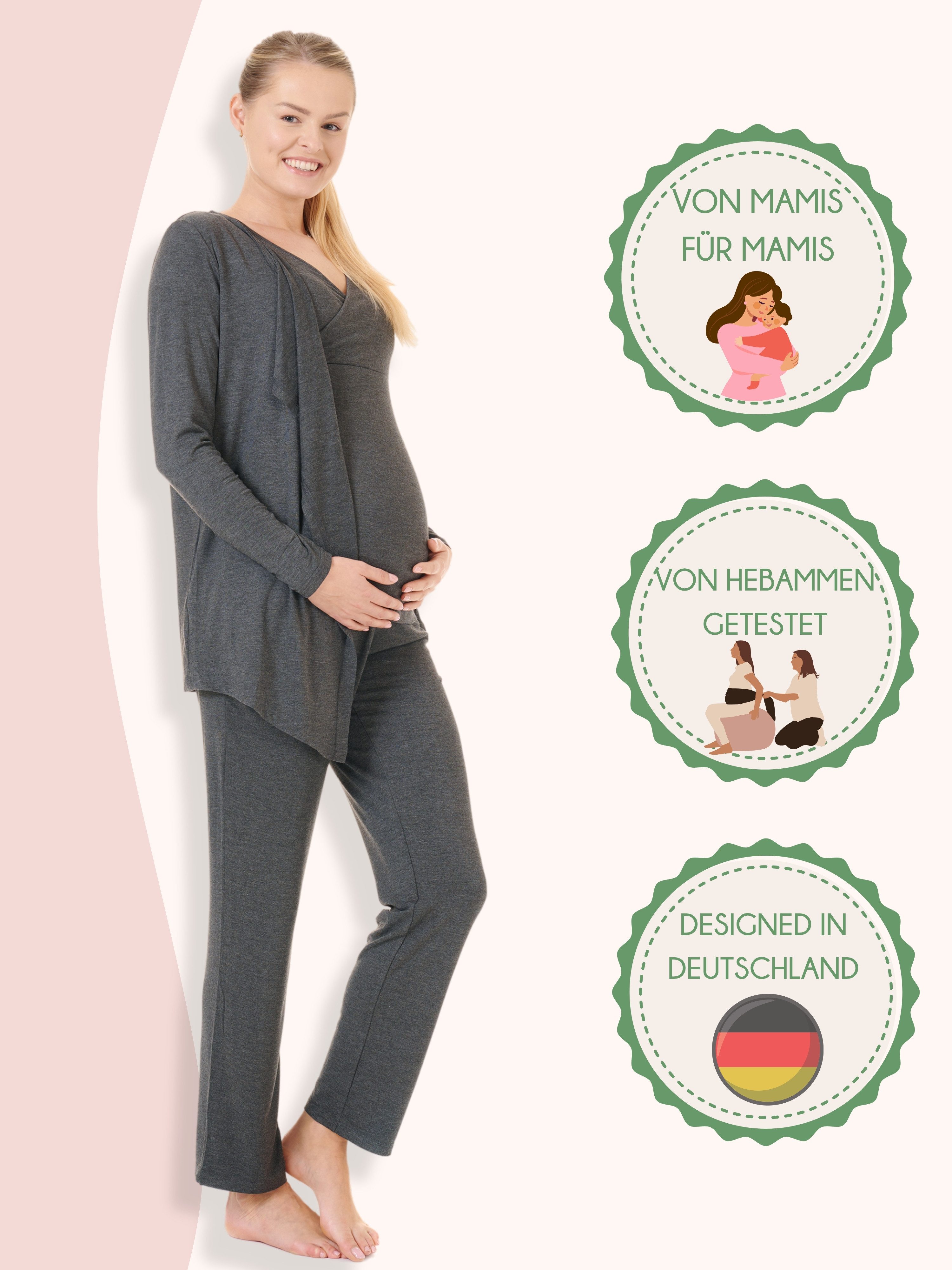 Herzmutter Umstandspyjama Stillpyjama-Set - Schwangerschafts-Wochenbett-Set (Set, 3 tlg., Hose-Top-Cardigan) Homewear