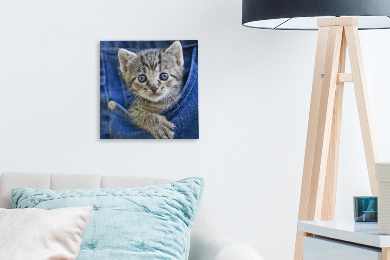 OneMillionCanvasses® (1 in für Kätzchen Denim-Jeans, Ein Wohnzimmer St), Leinwandbild Schlafzimmer Bilder Leinwand