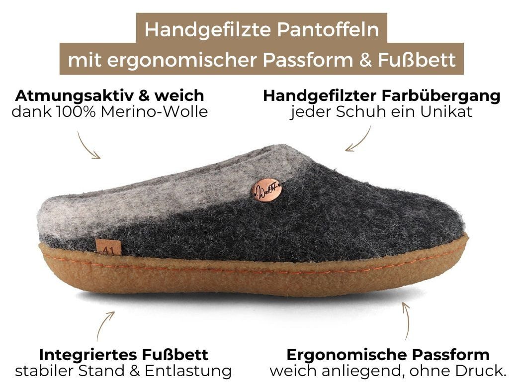 WoolFit Sherpa unisex Filzpantoffeln mit Gummisohle und Fußbett Hausschuh zweifarbig handgefilzt aus 100% Wolle