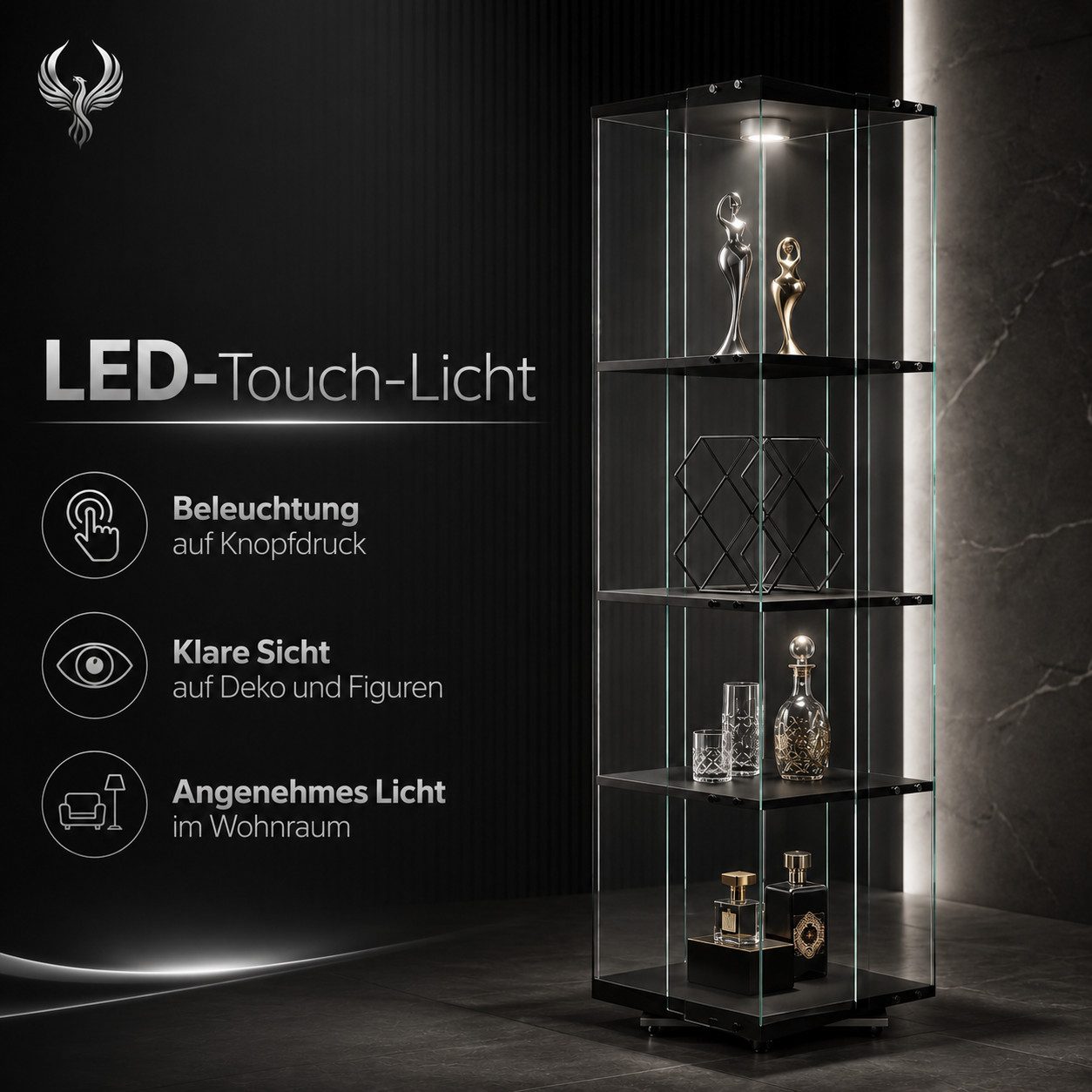 Simurq Glasvitrine mit LED-Touch-Licht und 360° Sockel für Deko und Figuren (1-St., 6 Varianten verfügbar) 360° drehbar, 38 × 38 cm Stellfläche, LED-Touch-Licht – Bild 5 von 5
