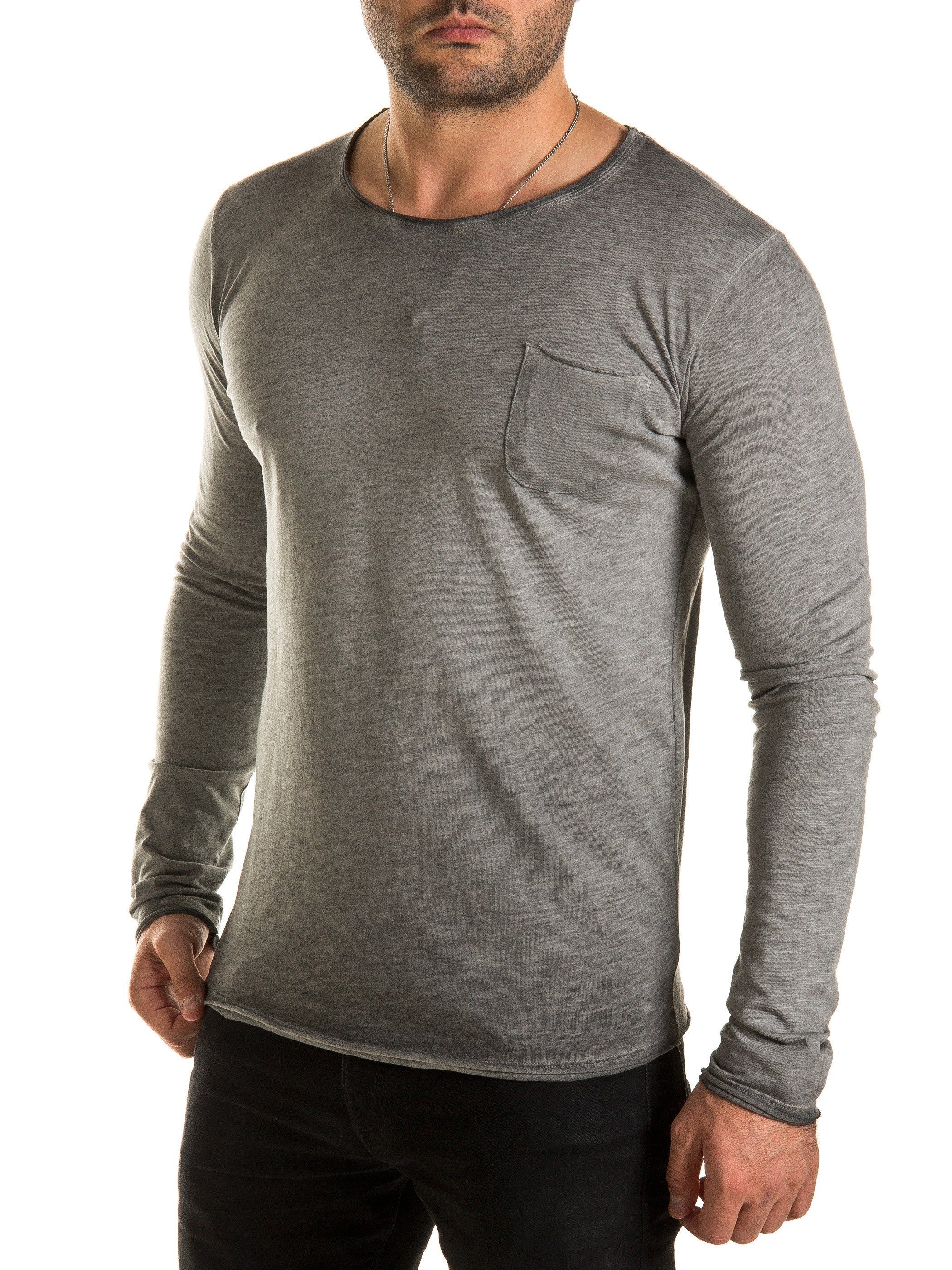 Baumwolle Steeple Zac - (171500) Crew WOTEGA Longsleeve reiner WOTEGA aus Langarmshirt (1-tlg) gray Neck