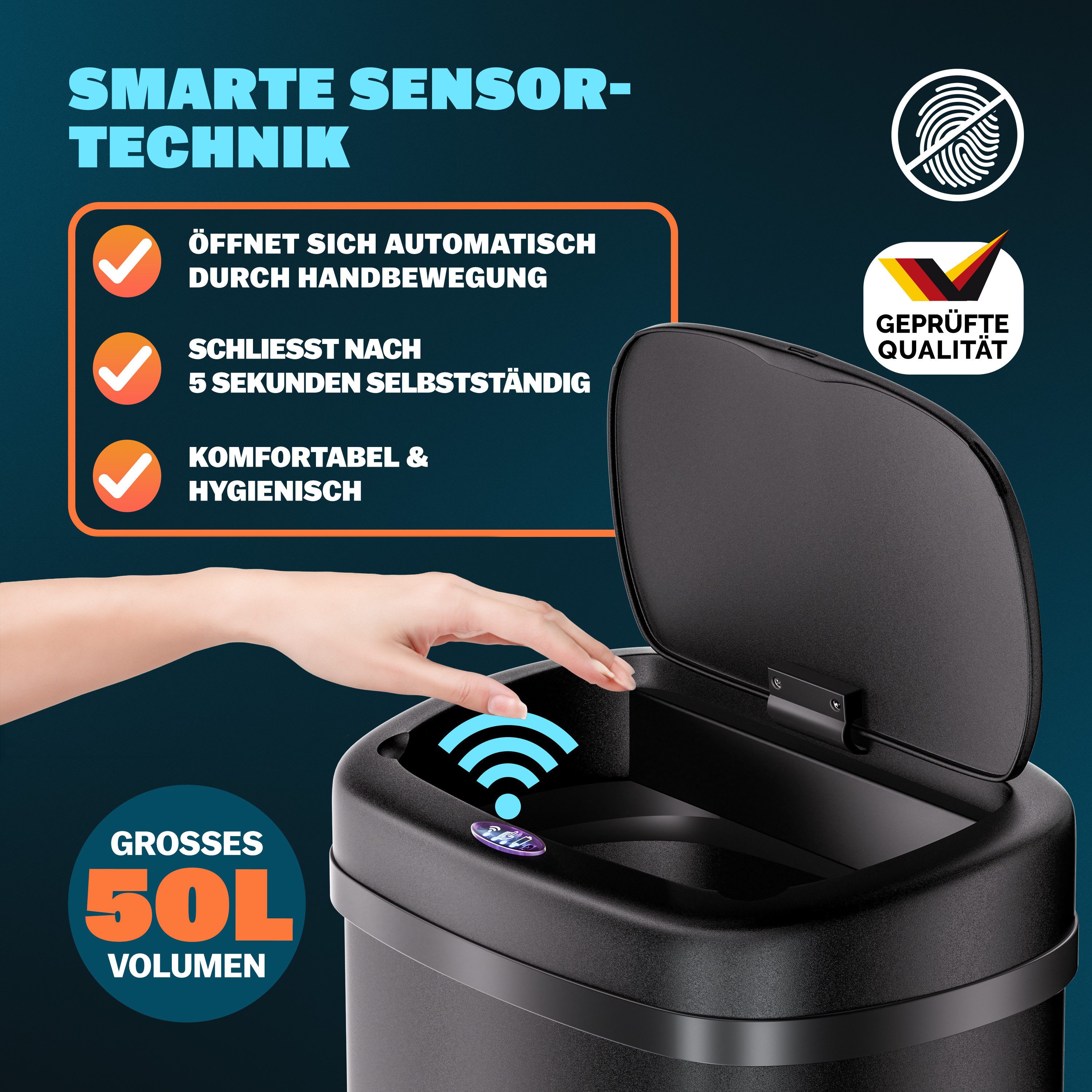 monzana Mülleimer, 50 L Automatik Sensor Mülleimer LED Display Müllbehälter berührungslos