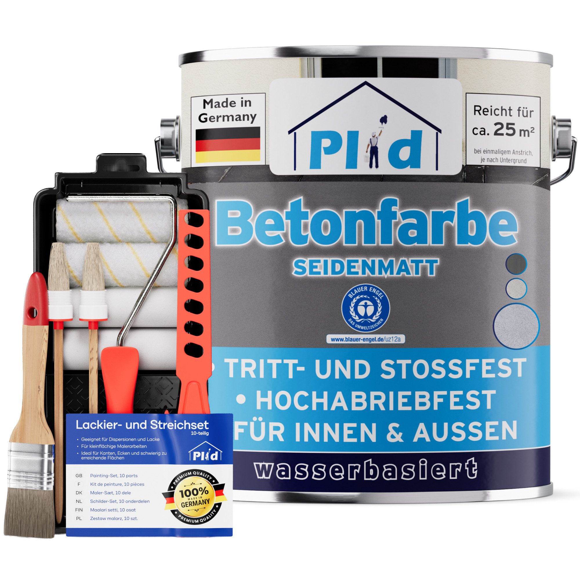 plid Acryl-Flüssigkunststoff Betonfarbe Sockelfarbe Bodenfarbe Bodenbeschichtung mit Streichset, Schnelltrocknend