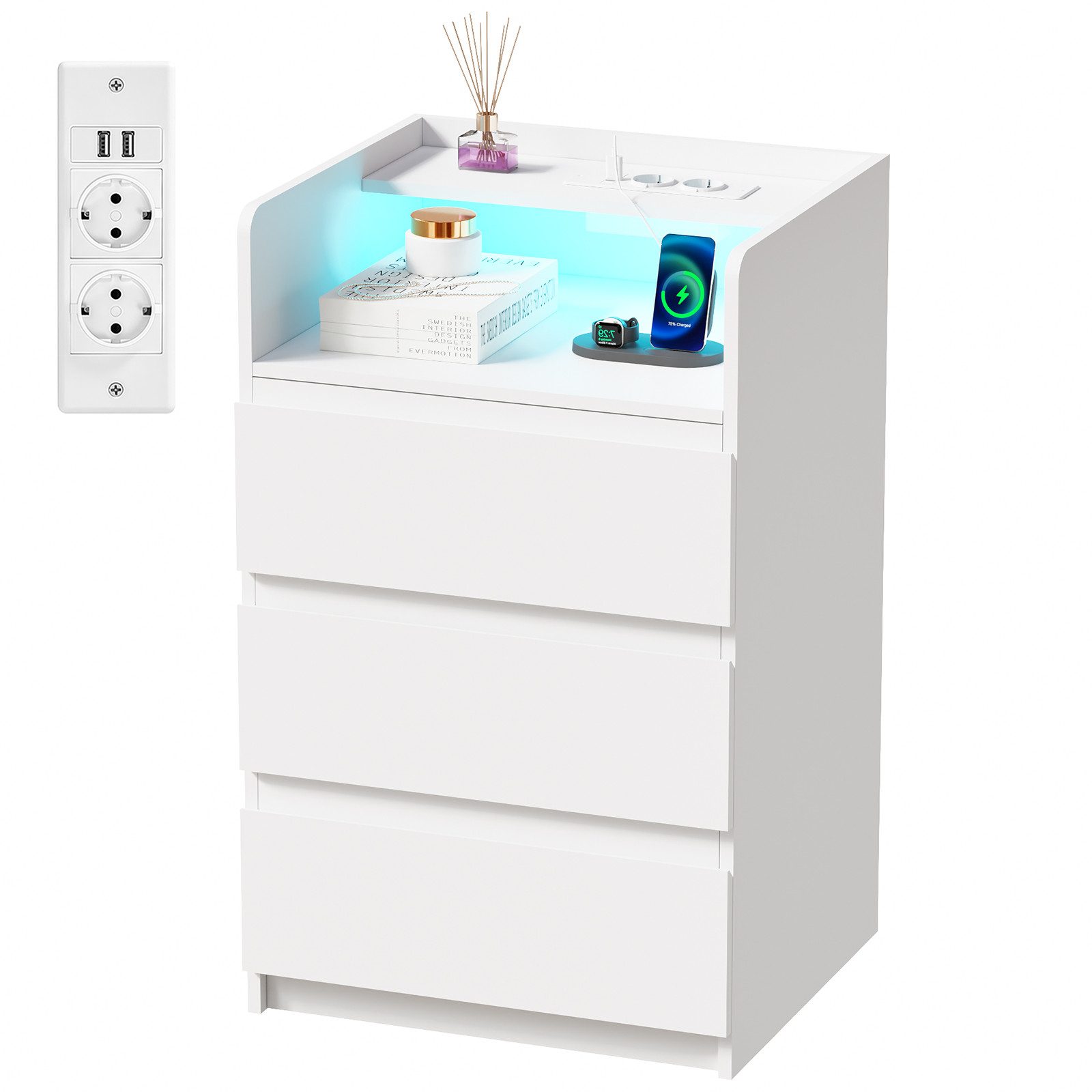 BEWISHOME Nachttisch mit LED-Beleuchtung, Steckdosen & USB-Anschlüssen, 40x35x68cm (1-St), Moderner Schlafzimmerschrank mit Stauraum