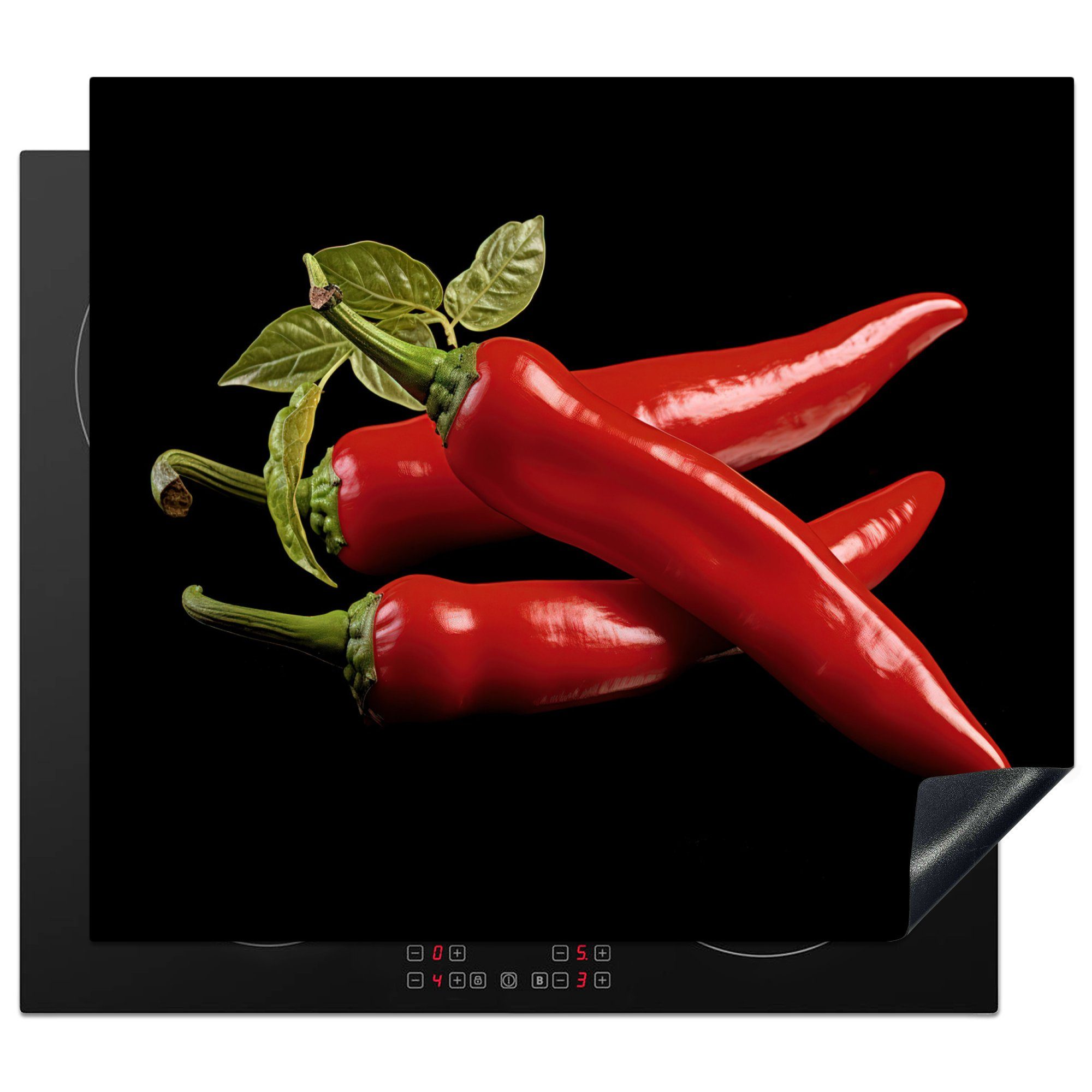 MuchoWow Herd-Abdeckplatte Roter Paprika - Rot - Kräuter - Gewürze - Schwarz, Vinyl, (1 tlg), Ceranfeldabdeckung Küche, Herdabdeckplatte Einteilig, 60x52 cm
