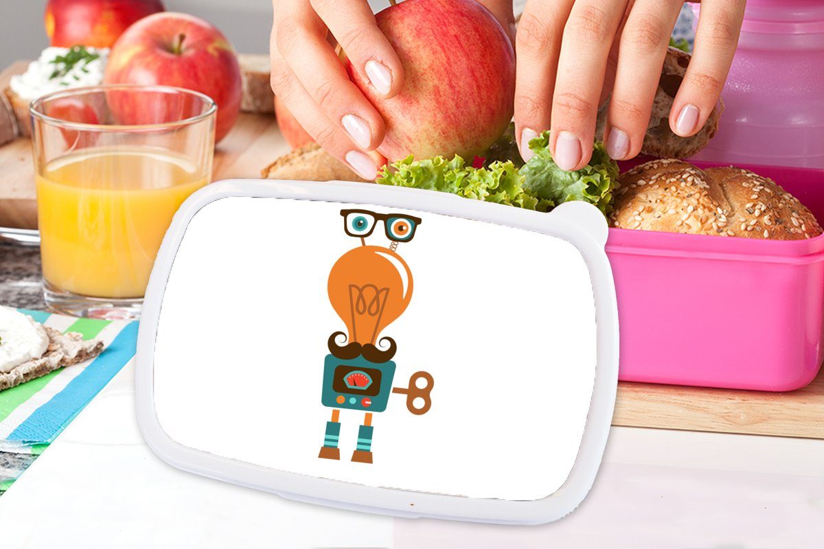 Schnauzbart - Kinder, Roboter - - Brotbox Brotdose MuchoWow Lunchbox - Erwachsene, Kunststoff, rosa für Mädchen, Snackbox, Jungen, (2-tlg), Kunststoff Kinder Brille