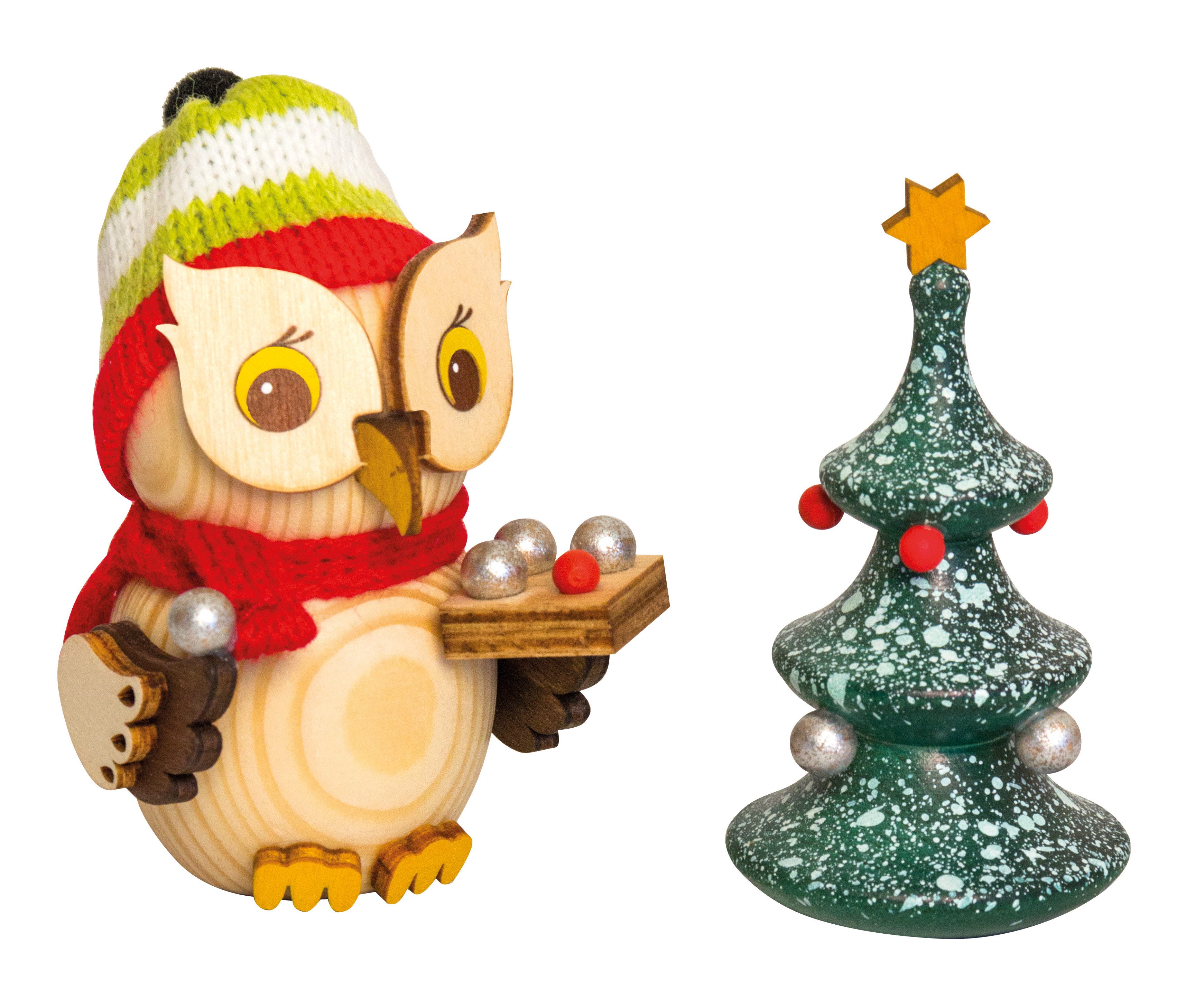 Kuhnert Sammelfigur Kuhnert Mini Eule mit Weihnachtsbaum (1 St), 100% Made in Germany, Erzgebirgische Holzkunst