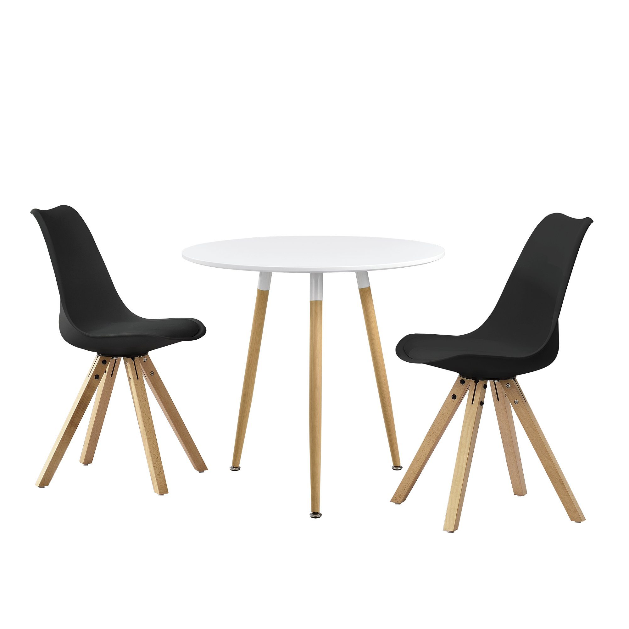 en.casa Essgruppe, (3-tlg), »Camille« Küchentisch rund Ø80cm mit 2x Stühlen Kunstleder