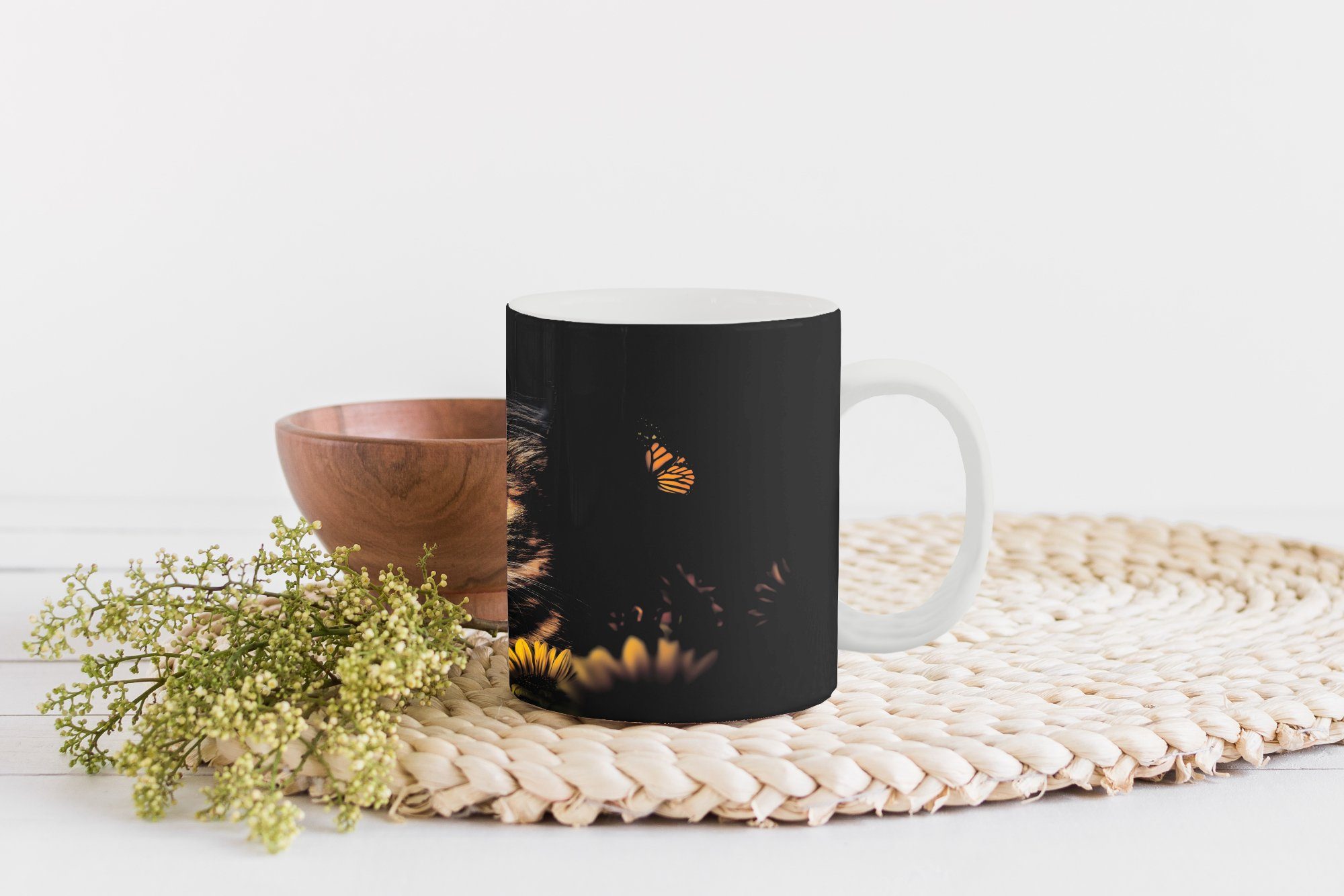 - Gelb - Katze Keramik, Botanisch, Teetasse, Kaffeetassen, - MuchoWow Blumen Tasse Becher, Geschenk Teetasse,