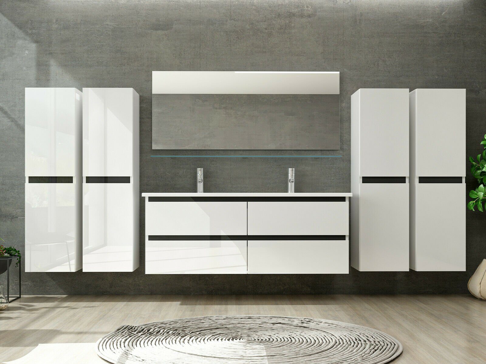 Homeline Badmöbel-Set Doppelwaschtisch Dennis New -D-4-xH doppelwaschtisch mit unterschrank, (7-St)