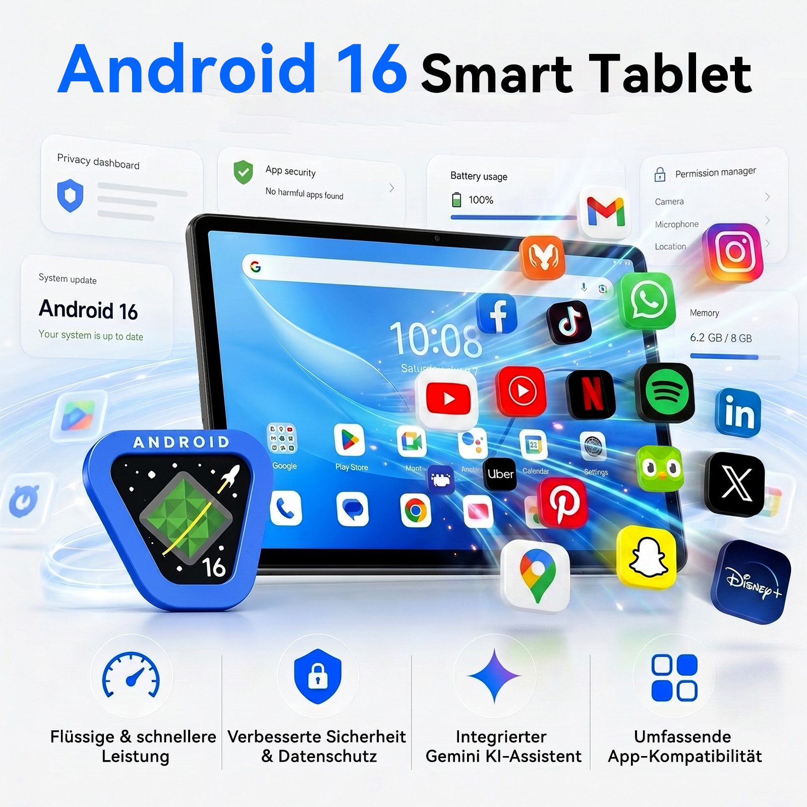 KOBONA T70 11 Zoll Android 16 256GB mit Tastatur & Stift Tablet (Android 16, 90Hz, 8000mAh, octa-core, 32(8+24)GB, Gemini KI)