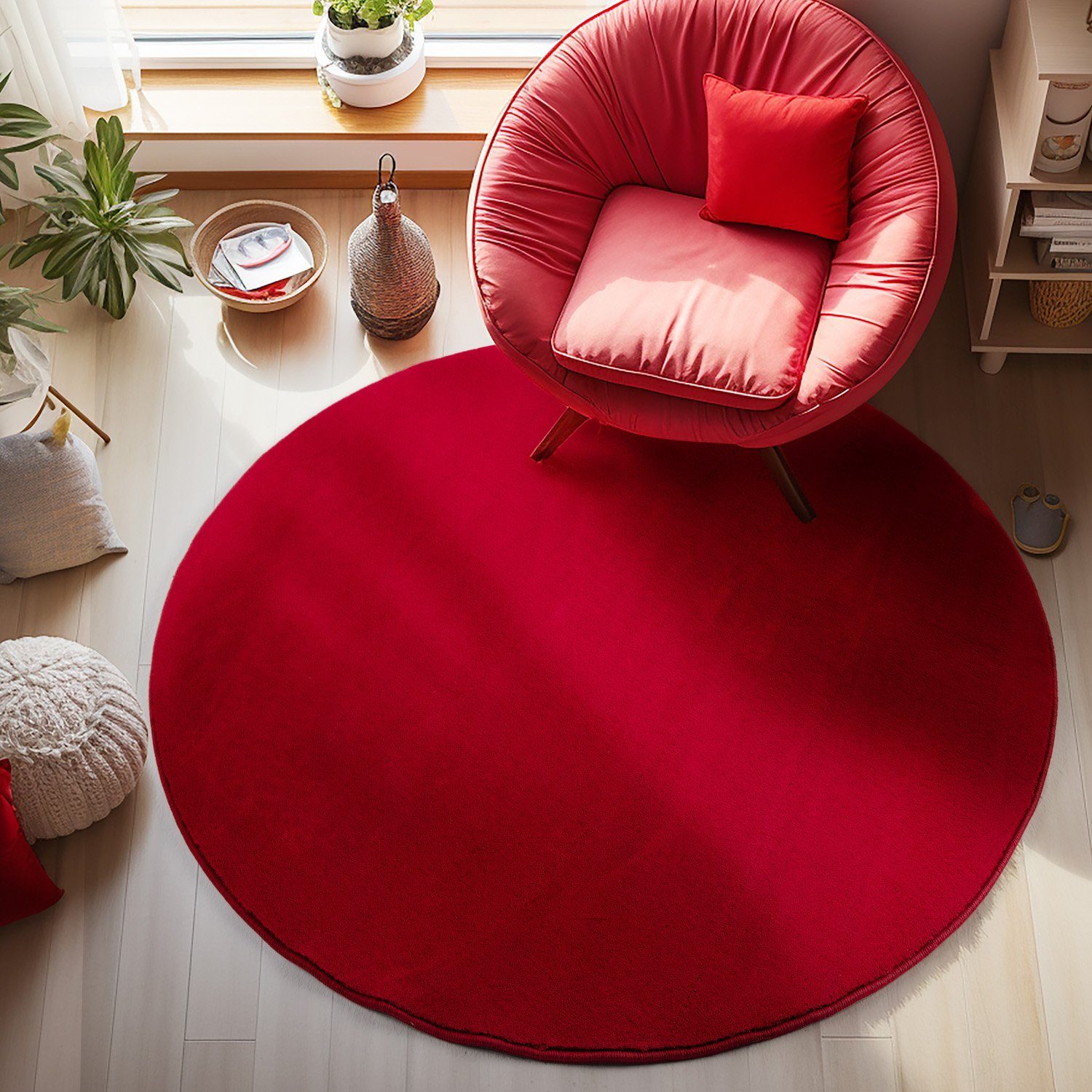 Veloursteppich Unicolor - Einfarbig, Carpetsale24, Rund, Höhe: 7 mm, Moderner Flauschiger Kurzflor Teppich Anti-Rutsch Rückseite Waschbar Rot