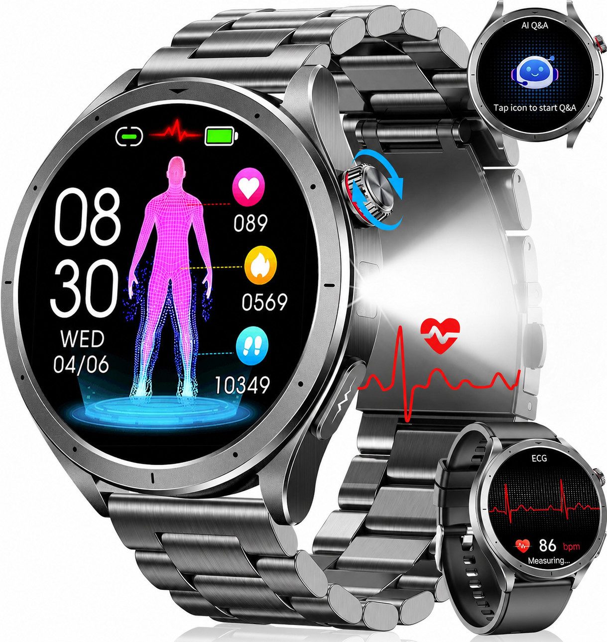 SWGOTA 2026 Neue AI Smartwatch mit EKG+PPG/HRV/Körperanalyse/Schlafmonitoring Smartwatch, 1,75 Zoll Fitnessuhr mit IP68,5ATM,1000mAh,SpO2&Blutdrucküberwachung