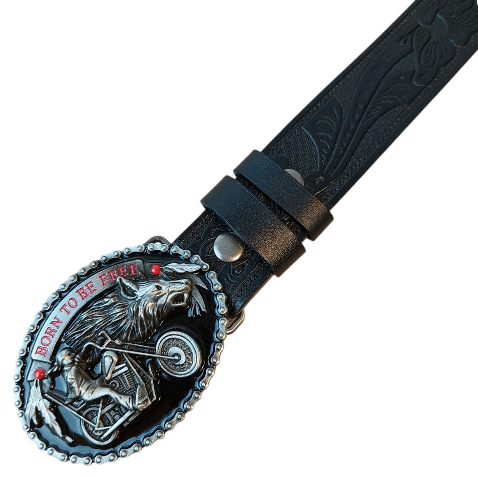 Ware aus aller Welt Ledergürtel Bikergürtel Leder schwarzer geprägter Herren Gürtel mit Biker Bukle Aus hochwertigem, geprägtem Echtleder gefertigt – robust & langlebig