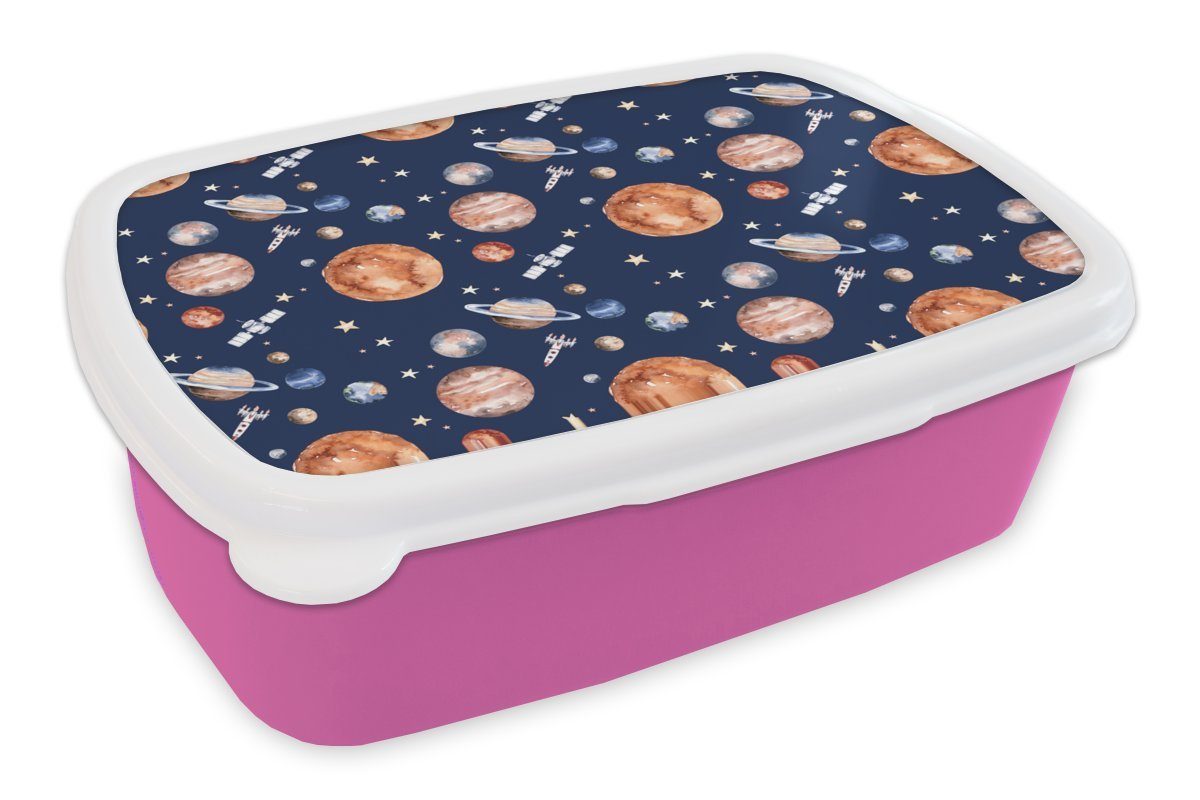 MuchoWow Lunchbox Muster - Weltraum - Planeten - Jungen - Mädchen - Kinder - Kinder, Kunststoff, (2-tlg), Brotbox für Erwachsene, Brotdose Kinder, Snackbox, Mädchen, Kunststoff rosa
