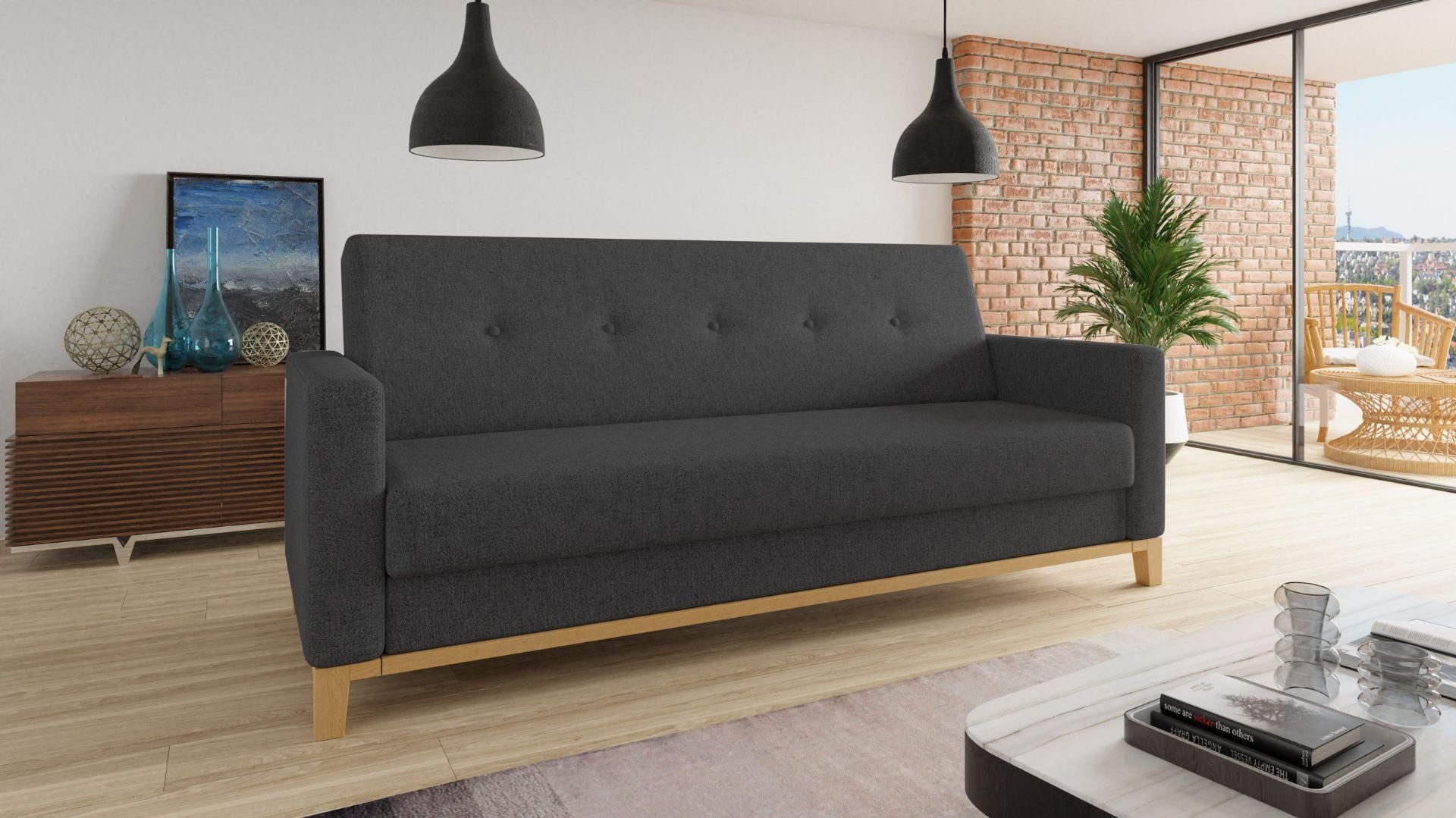 Sofnet Schlafsofa Wood, mit Schlaffunktion Twist 23 und Bettkasten, mit Wellenfeder Bettsofa und Holzfüße