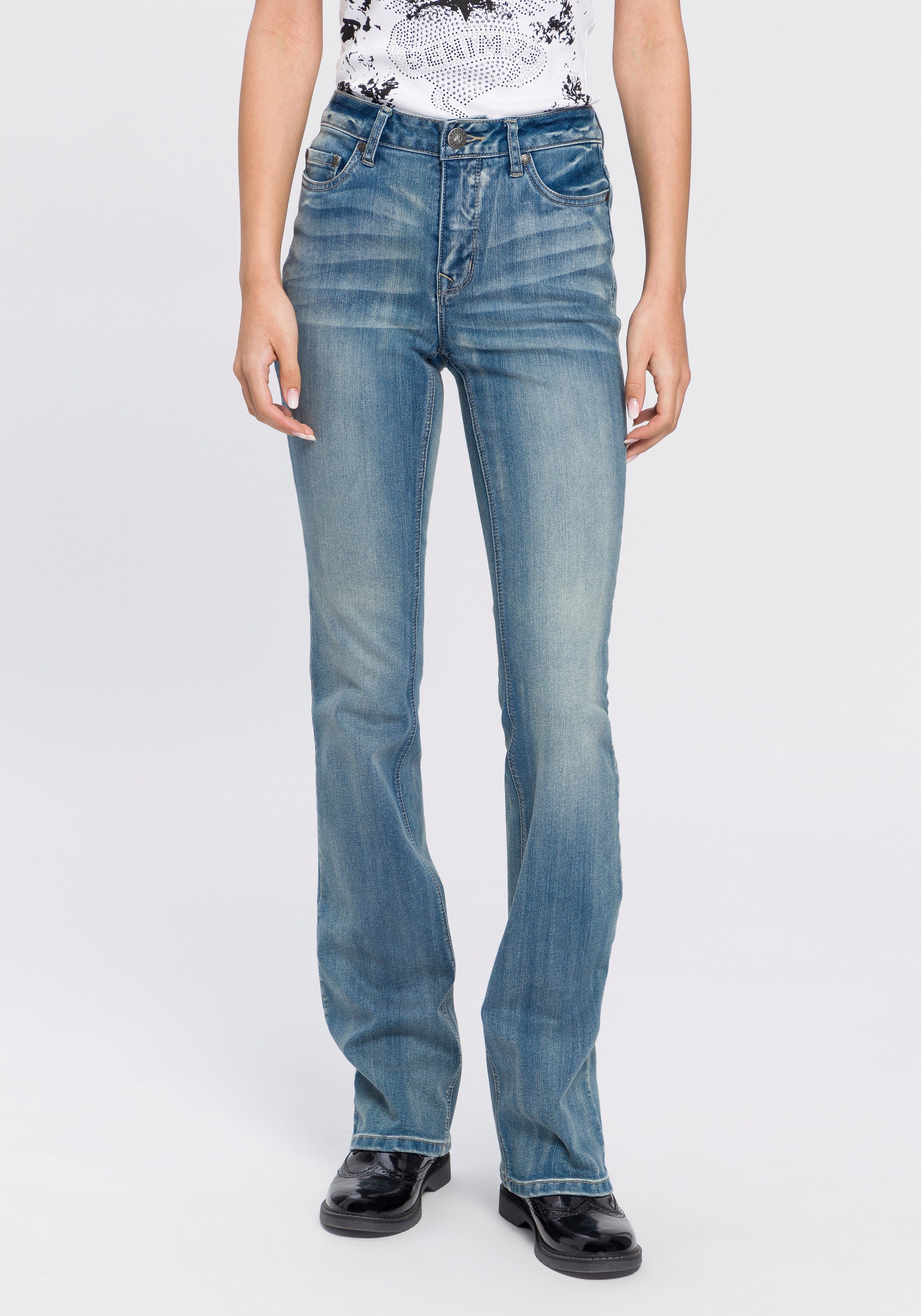 Arizona Bootcut-Jeans Baby Bootcut leicht ausgestelltes Bein, hohe Leibhöhe – Bild 2 von 5