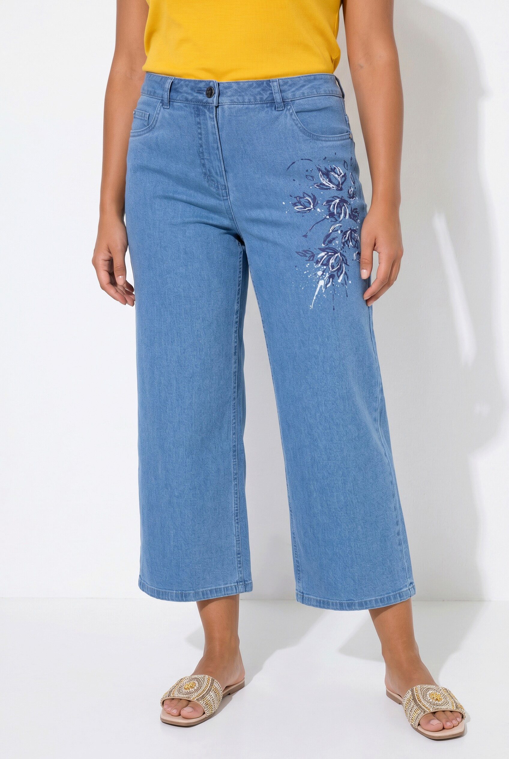Regular-fit-Jeans Jeans-Culotte weites Bein Blumen-Motiv 5-Pocket