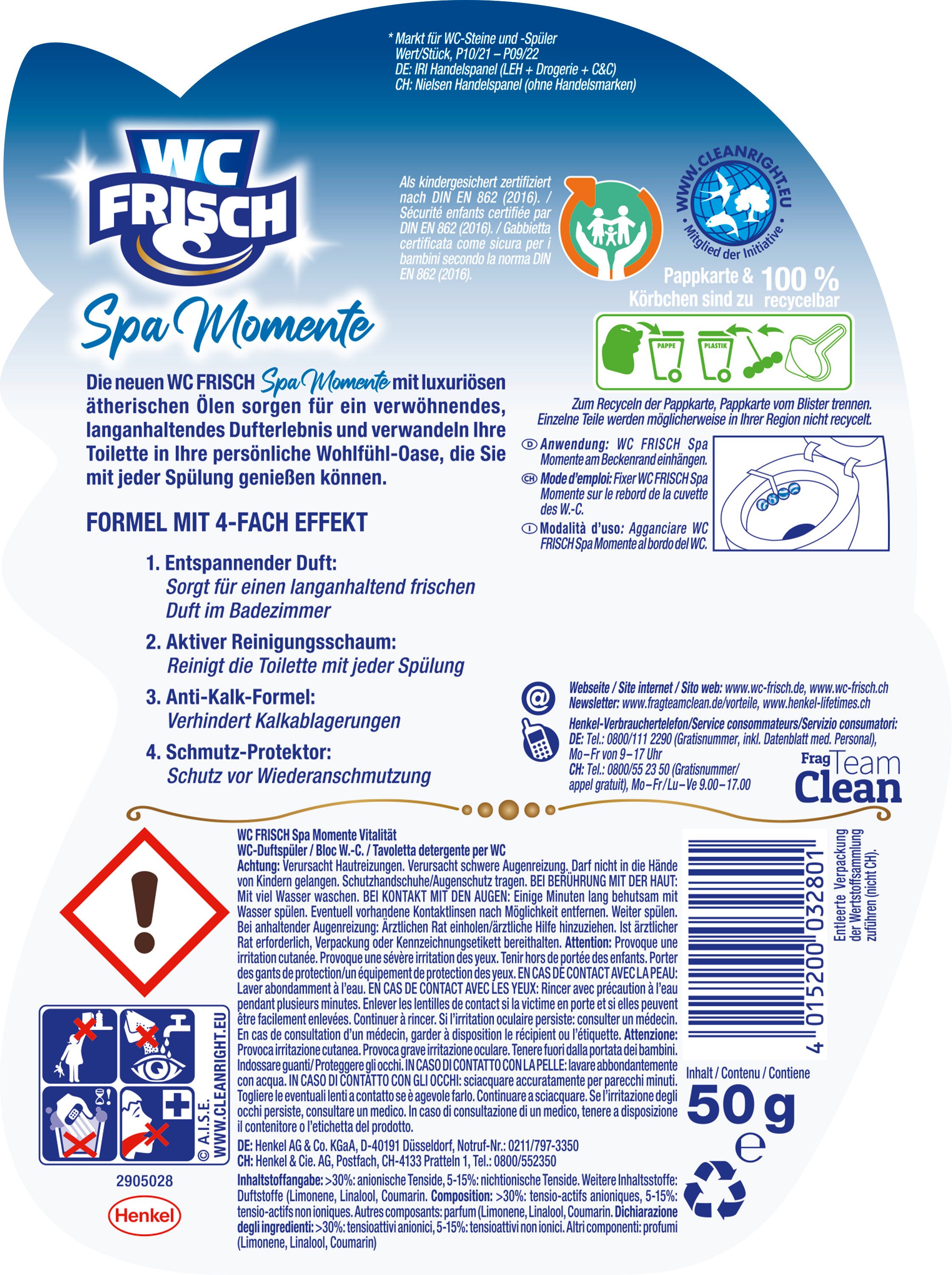 WC Frisch WC FRISCH Spa Momente Duftspüler Vitalität WC Reiniger 50g WC-Reiniger (Premium Duft, [1-St. mit ätherischen Ölen & 4-fach Effekt)