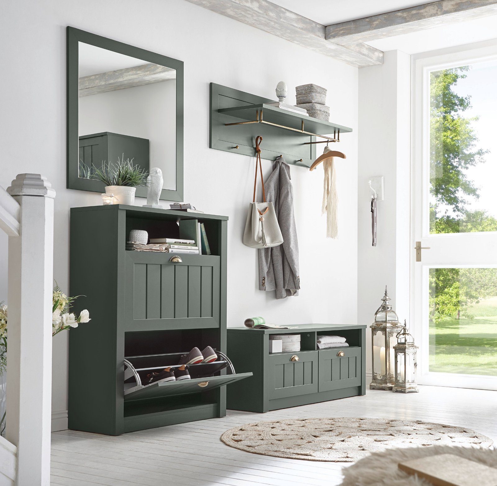 Furn.Design Garderoben-Set Forres, (Flurgarderobe in Landhaus Grün, Set 4-teilig), mit Bank und Schuhkipper