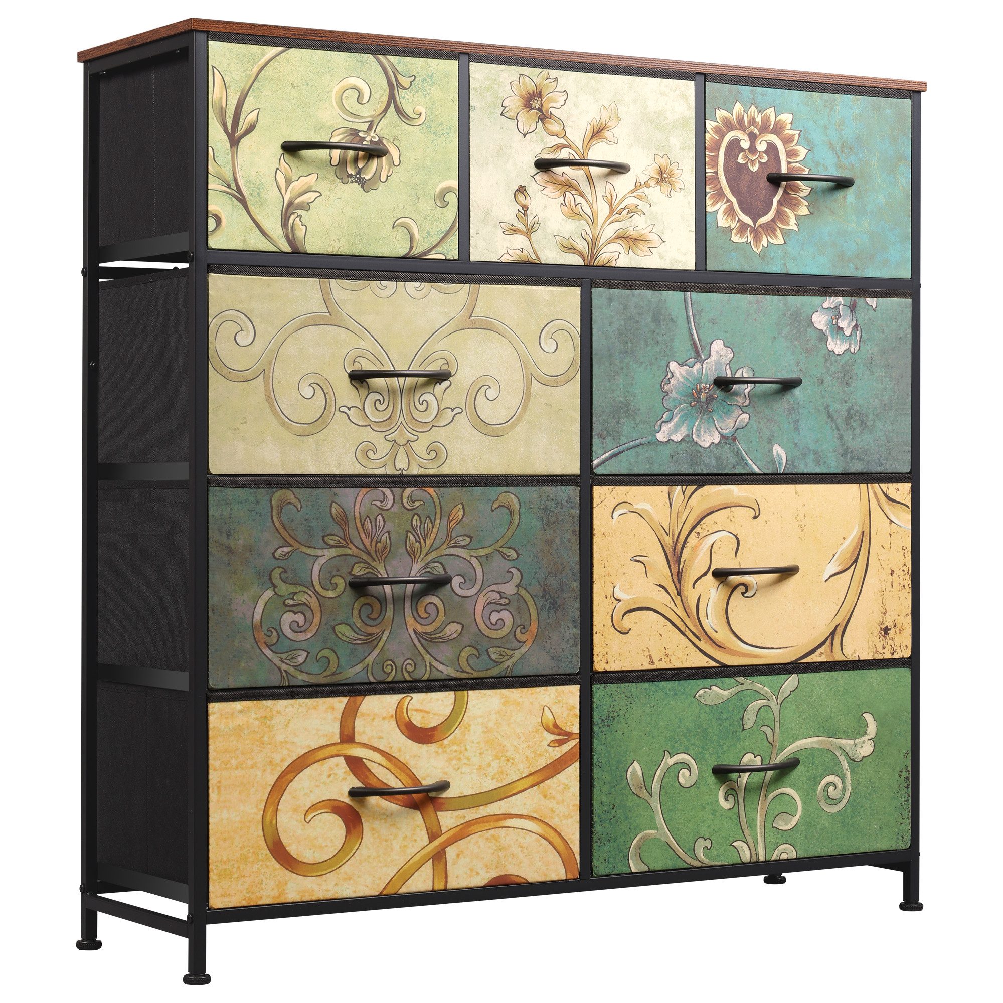 WLIVE Kommode mit 9 Stoffschubladen, Schubladenkommode 100 × 30 × 102 cm (Stauraumkommode für Schlafzimmer Wohnzimmer Flur, florales Retro-Design), Modernes Sideboard, Blumenmuster