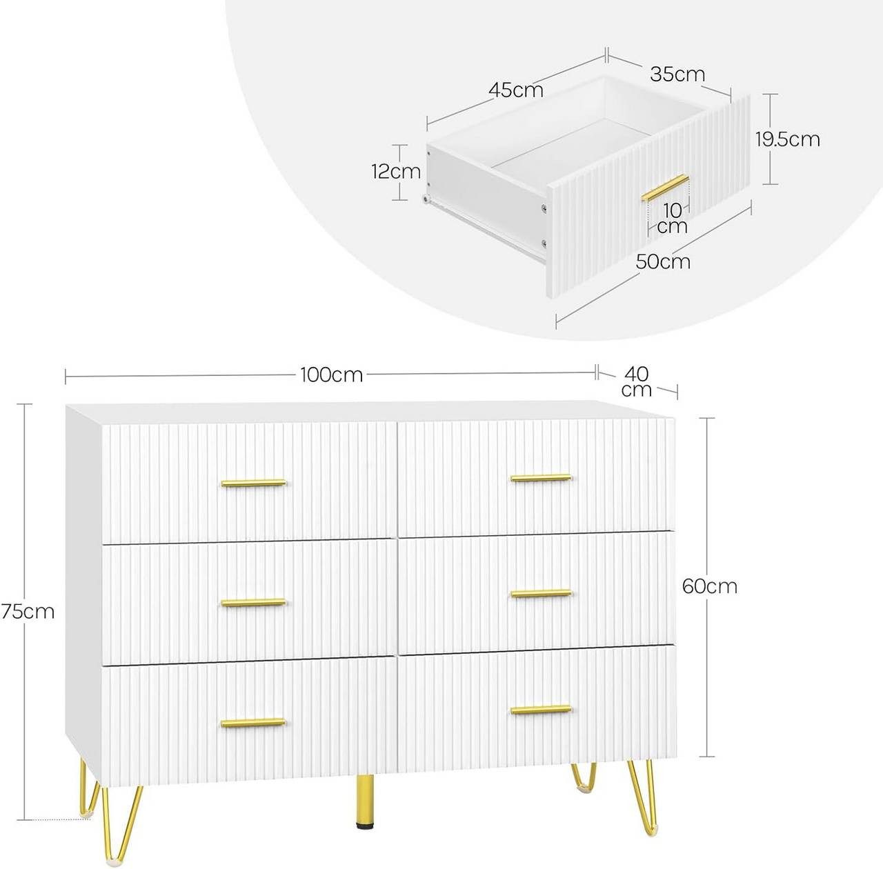 Woltu Kommode (1 St), Schubladenschrank mit 6 Schubladen, Weiß+Gold