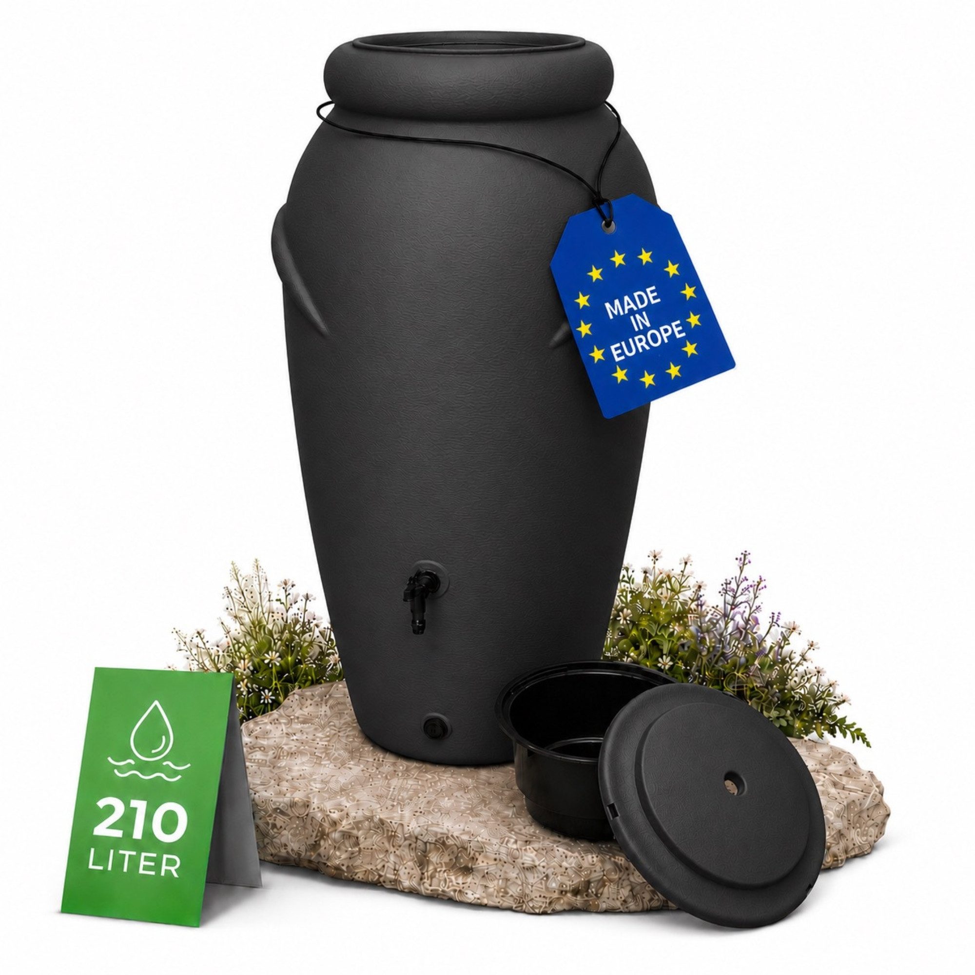 YourCasa Regentonne 210 Liter [Amphore Design] Regenfass aus Kunststoff mit Wasserhahn, Bepflanzbar, 210L, Wasserhahn, Deckel