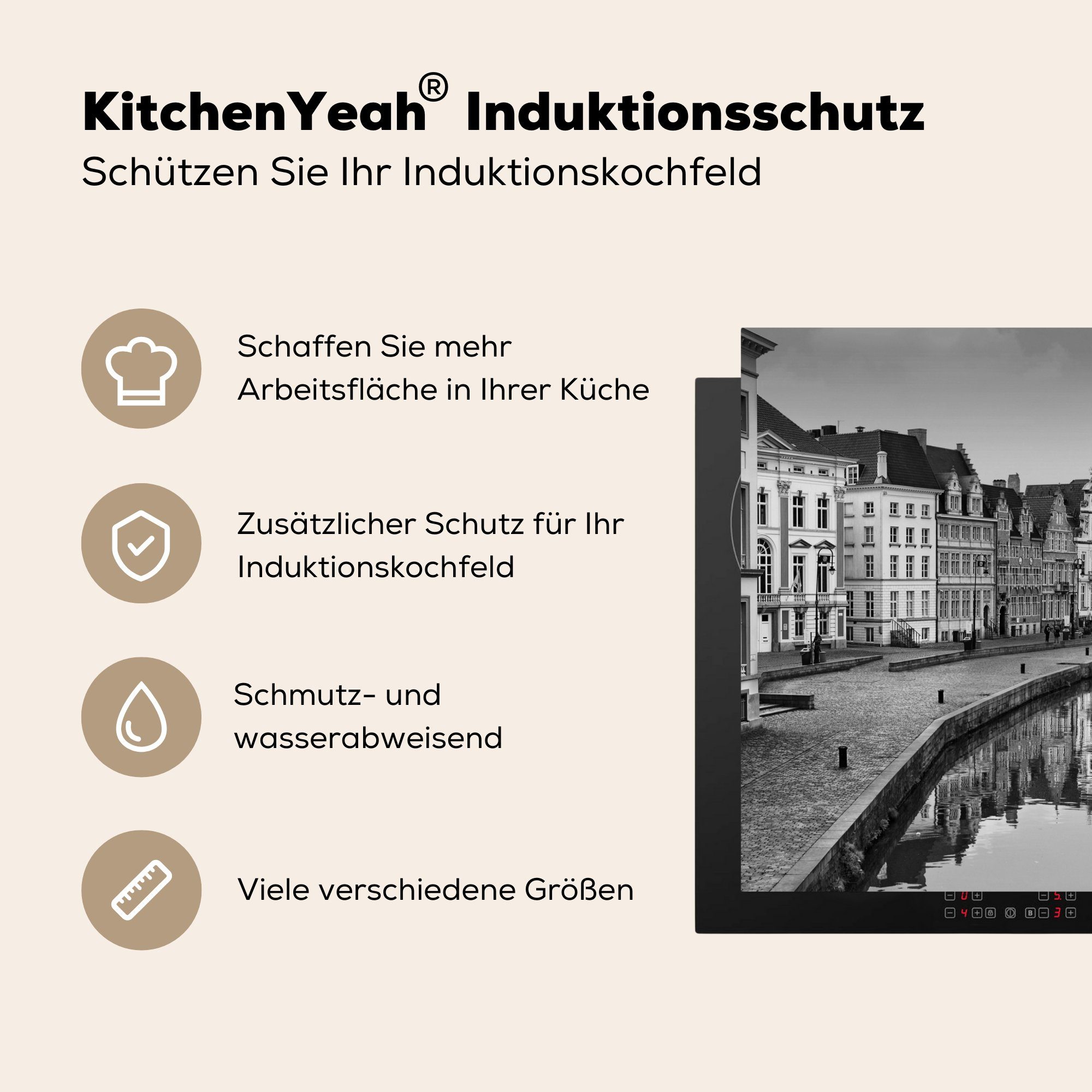 (1 78x78 Vinyl, Belgien - Ceranfeldabdeckung, Reflexion, Herdblende-/Abdeckplatte cm, Arbeitsplatte für MuchoWow - tlg), küche Schwarz Weiß -