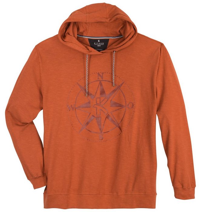 Kitaro Kapuzensweatshirt Große Größen Herren leichter Hoodie orange Kompass-Print Kitaro