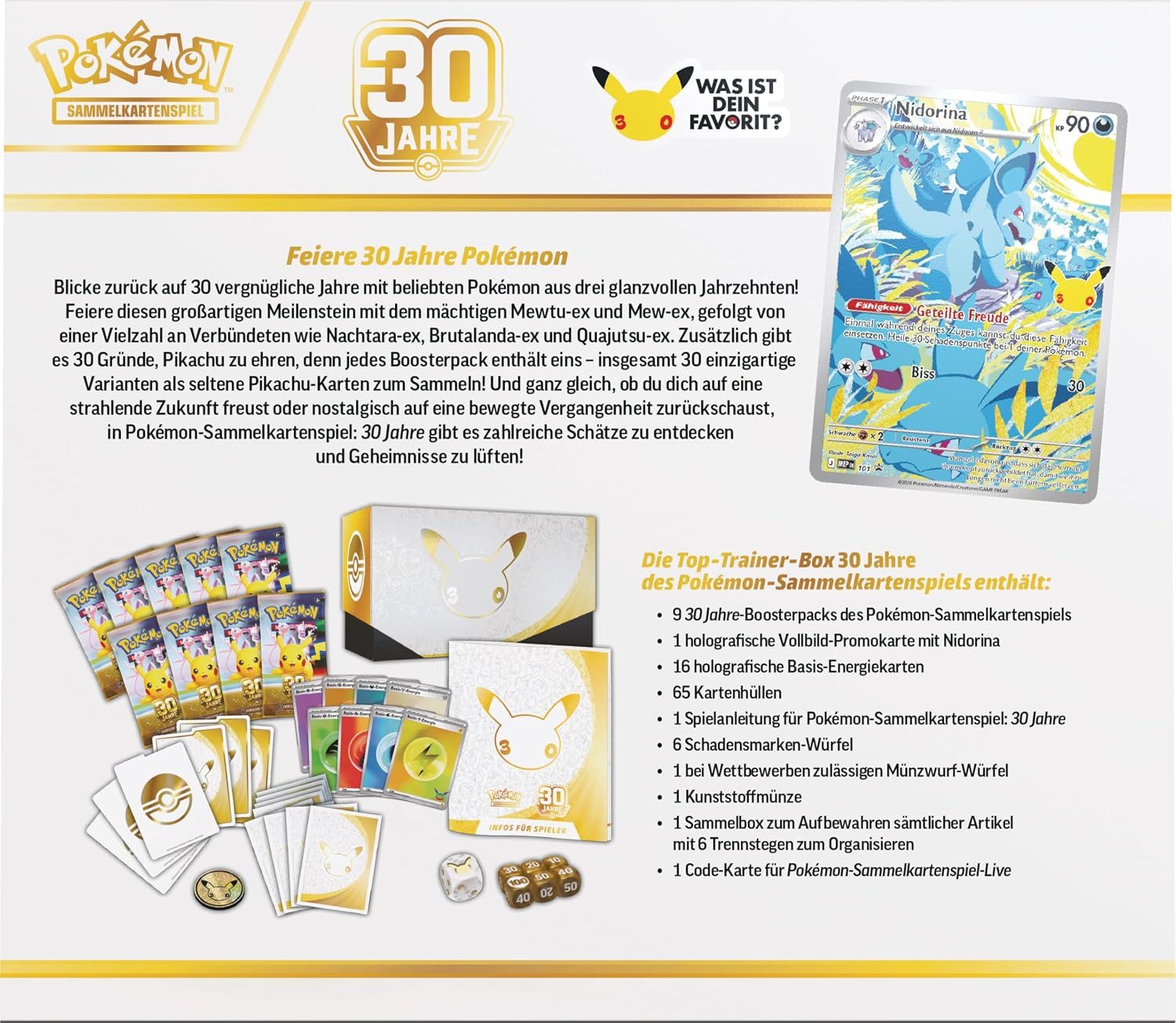 POKÉMON Sammelkarte Pokémon Top-Trainer-Box 30 Jahre 30th anniversary ETB TTB Pokemon, Jubiläumsbox mit 9 Boostern, Nidorina-Promokarte & Zubehör – Bild 4 von 5