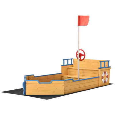 Juskys Sandkasten Kapt'n Pit, Piratenschiff aus Holz, mit Bodenplane, Stauraum und Sitzbank