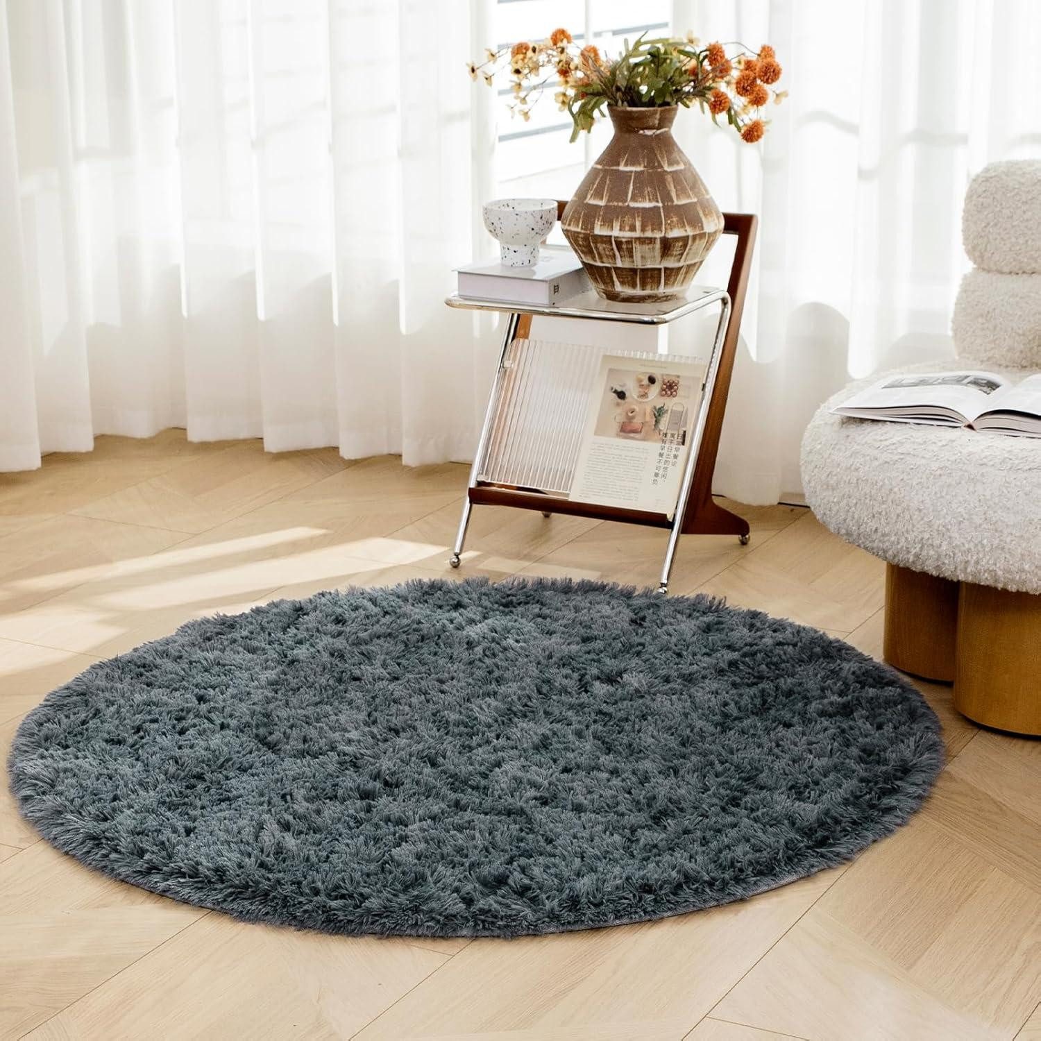 Hochflor-Teppich Runder Grauer Hochflor Shaggy Teppich waschbar 120cm