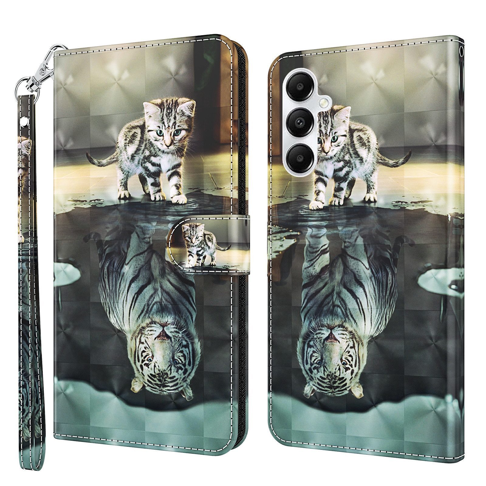 CLM-Tech Handytasche für Samsung Galaxy A57 5G Klapphülle aus PU Leder (Katze Tiger, 1-tlg., Flip Case), Magnetverschluss, Standfunktion und Kartenfächer