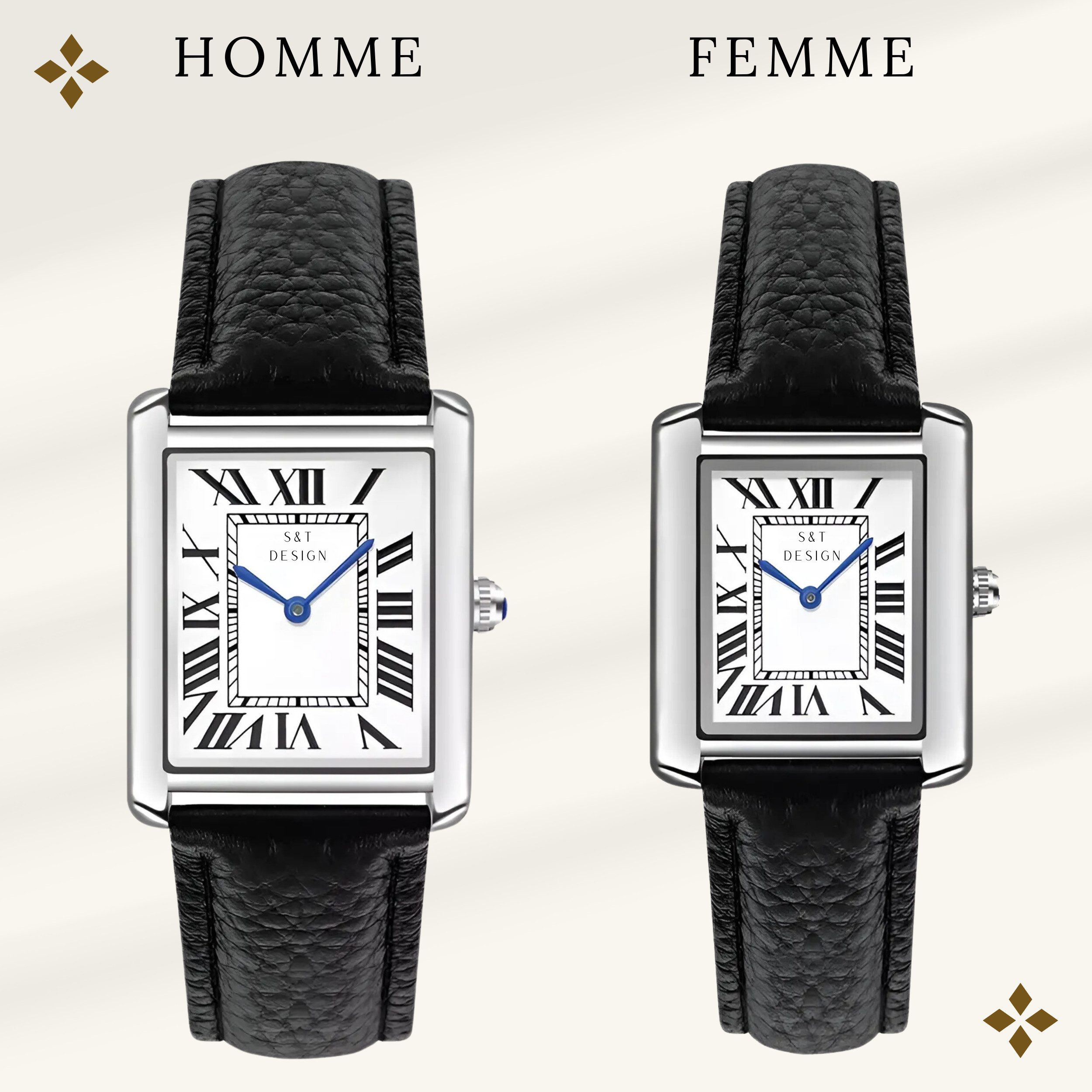 S&T Design Quarzuhr Vintage Paar Uhren Armbanduhr Damen Herren Rechteckige Uhr, (inkl. Geschenkbox, HOMME / FEMME), Elegant Römische Zahlen Minimalistisch