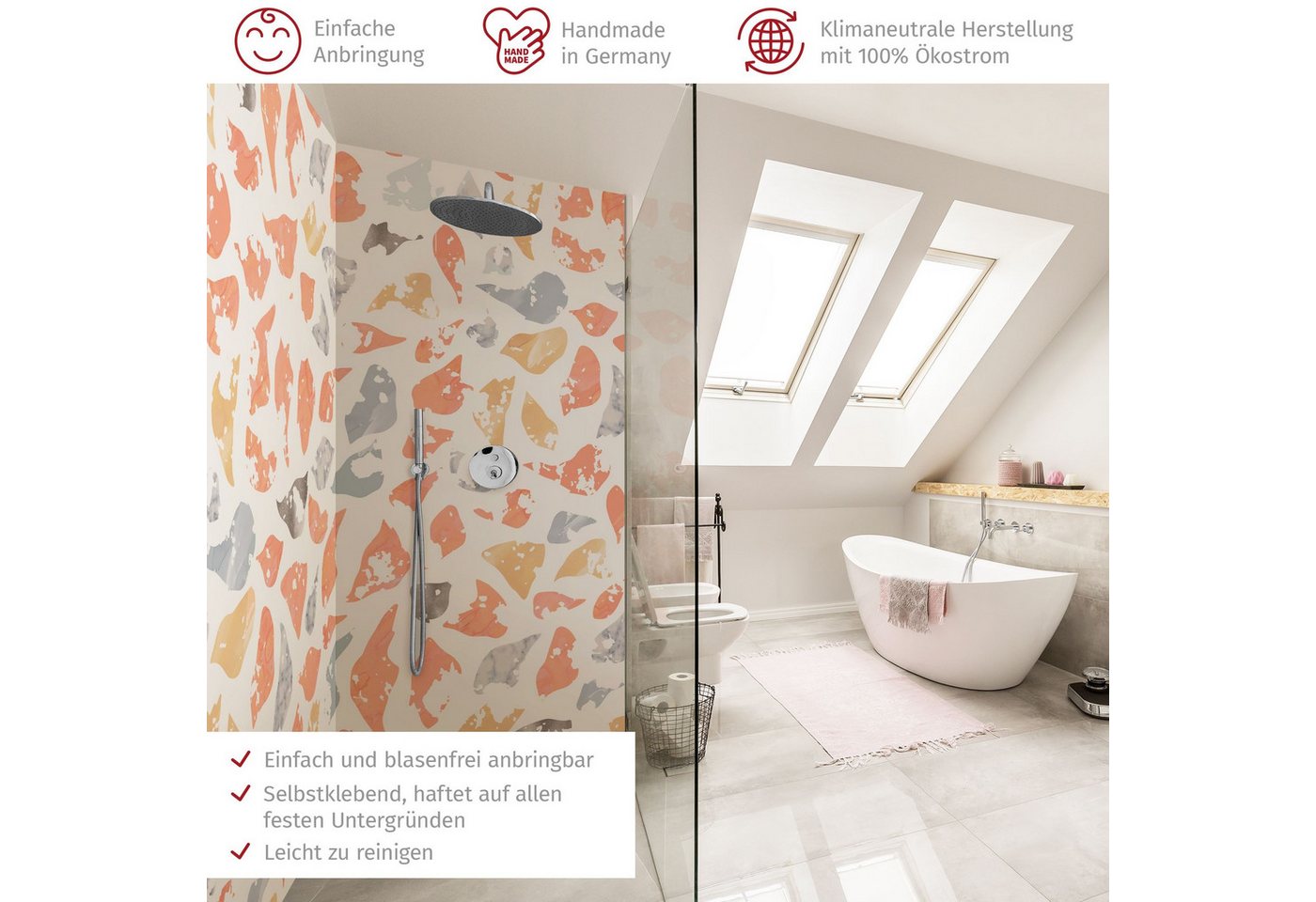 Thumbnail - Bilderdepot24 Badrückwand Terrazzo rosa Duschrückwand ohne Bohren Dusche Muster, (2-tlg., Hart-Folie Smart matt 0,35 mm)...