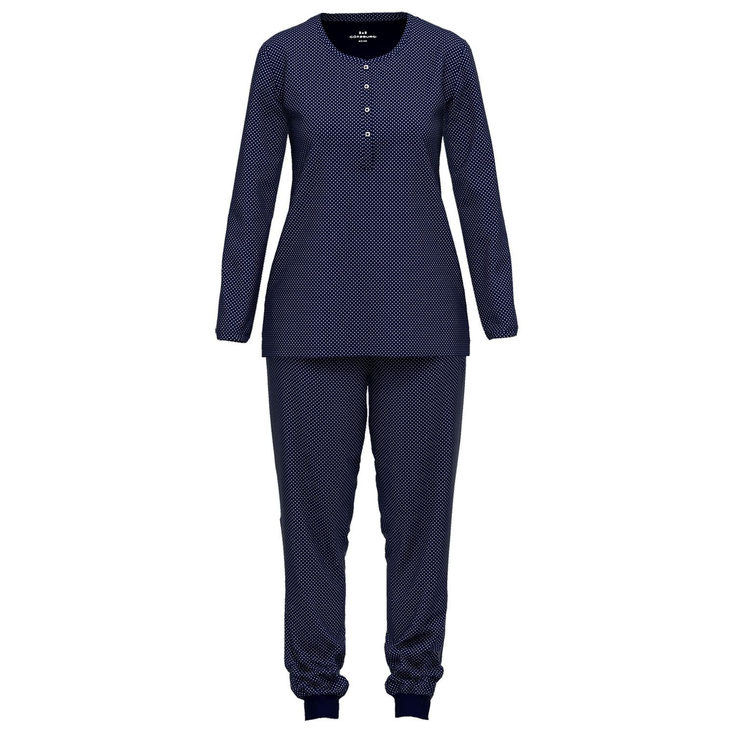 GÖTZBURG Schlafanzug mit Henley-Auschnitt, Knöpfe, langarm, weich, bequem, reine Baumolle navy / weiß gepunktet | Pyjama-Sets