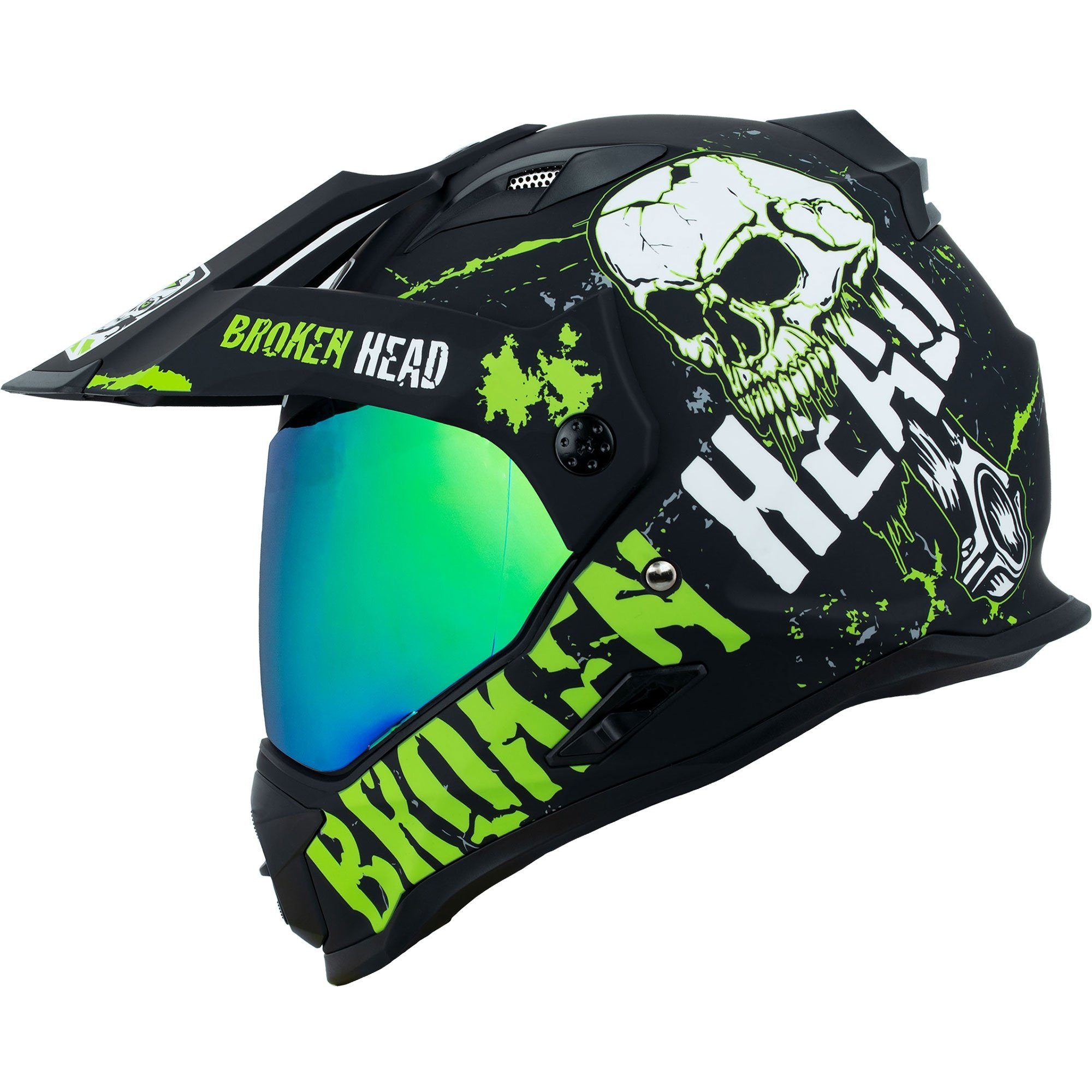 Motorradhelm Broken Head Endurohelm Bone Crusher Grün + Grün verspiegeltes Visier