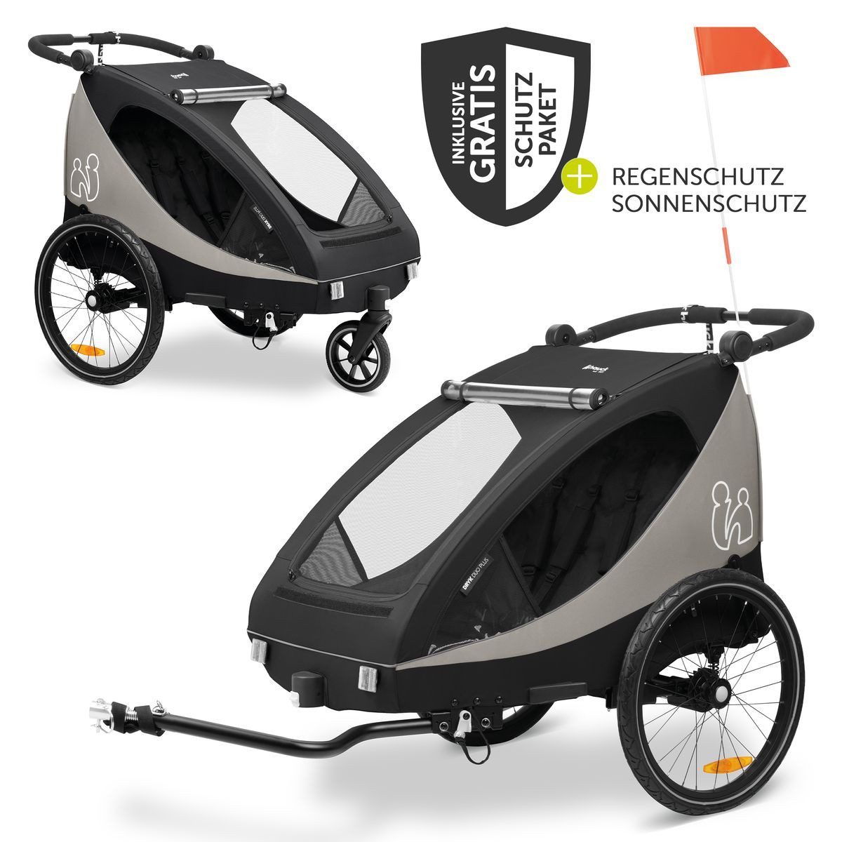 Hauck Fahrradkinderanhänger Dryk Duo Plus - Black, Fahrradanhänger Buggy für 2 Kinder mit Regen-& Sonnenschutz bis 44 kg