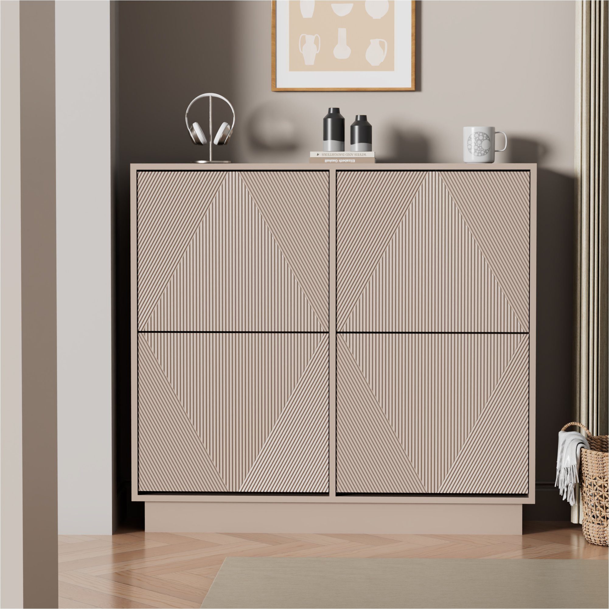 UEV Schuhschrank schmaler Schuhschrank mit 4 Klappen, Schukipper Schuhregal 100x24x91cm Schuhkommode mit Kippschutz & Drucktür & Verstellbarer Trennwände