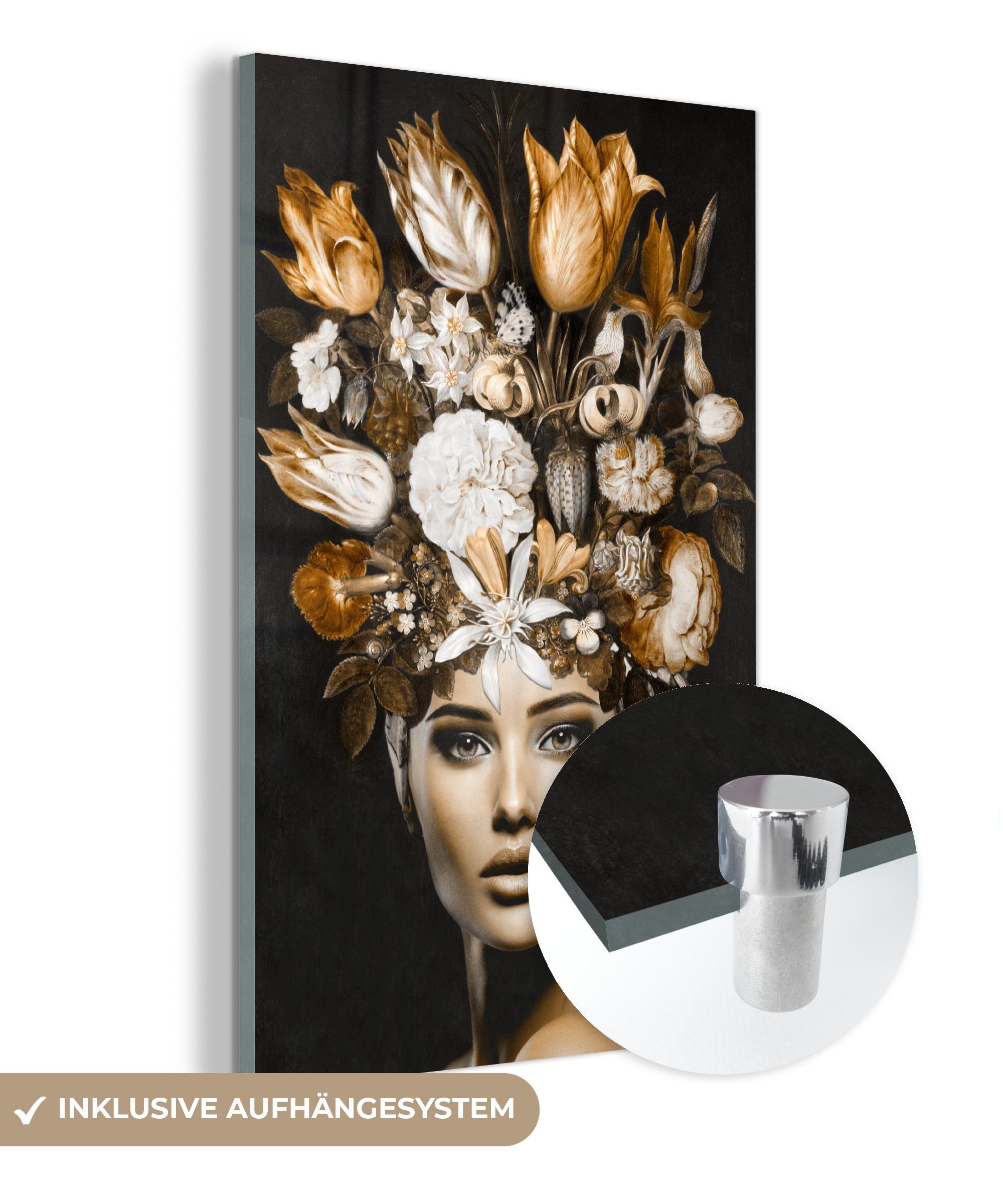 MuchoWow Acrylglasbild Frau - Blumen - Gold, (1 St), Glasbilder - Bilder auf Glas Wandbild - Foto auf Glas - Wanddekoration