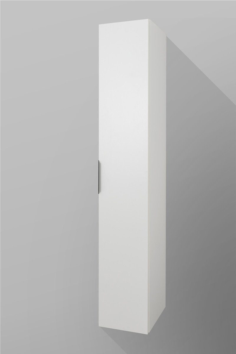 badselekt Hochschrank Badezimmerschrank mit Winkelgriff wandhängend 180 cm hoch 30 cm breit mit 1 Tür und 5 Einlegeböden Weiß (Hochglanz)