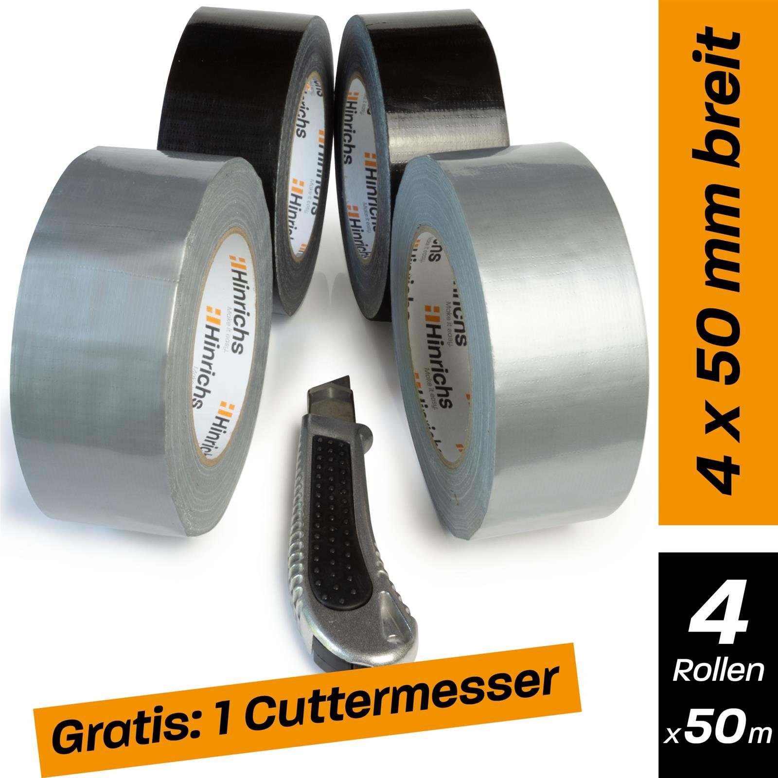 Hinrichs Klebeband Hinrichs 4 Rollen Panzerband schwarz und silber 50m 50 m x 50 mm plus Cuttermesser | Klebefilme