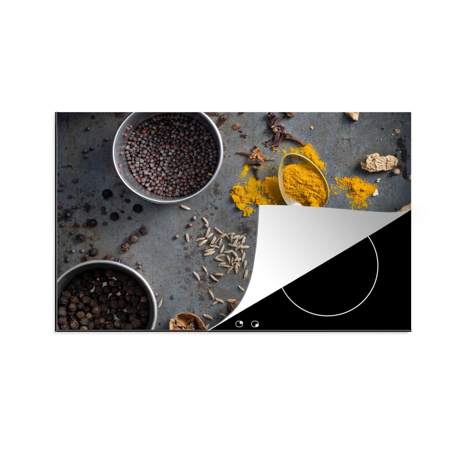 MuchoWow Herdblende-/Abdeckplatte Kräuter auf grauem Hintergrund, Vinyl, (1 tlg), 81x52 cm, Induktionskochfeld Schutz für die küche, Ceranfeldabdeckung
