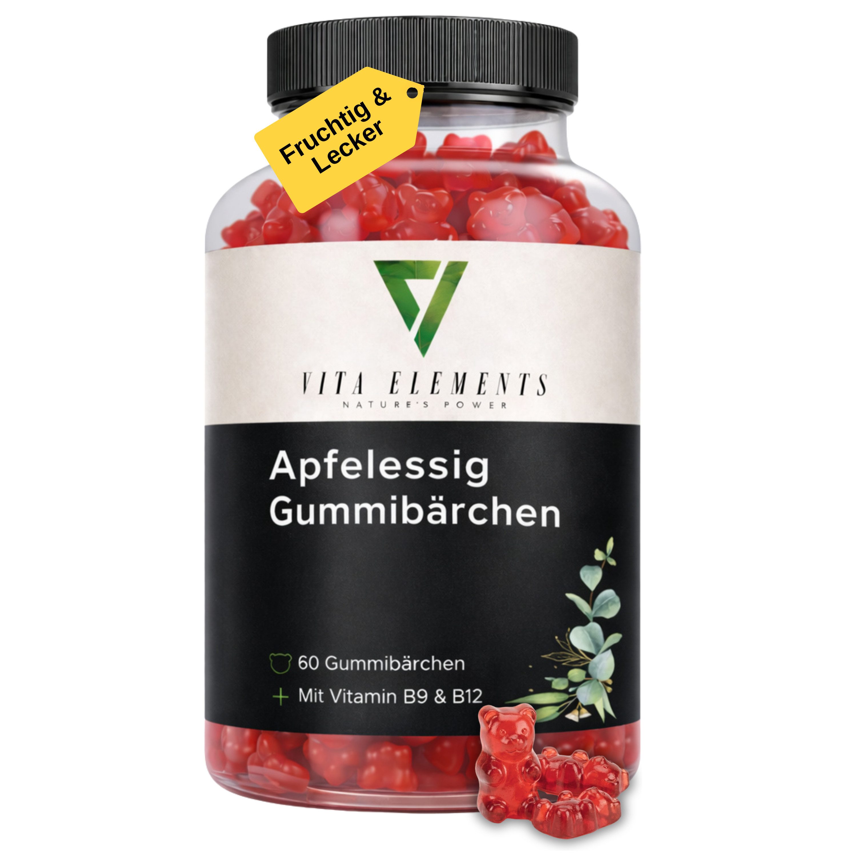 Vita Elements Apfelessig Gummibärchen, 60 St., Vegan ohne Gentechnik und Laborgeprüft in Deutschland Gummies
